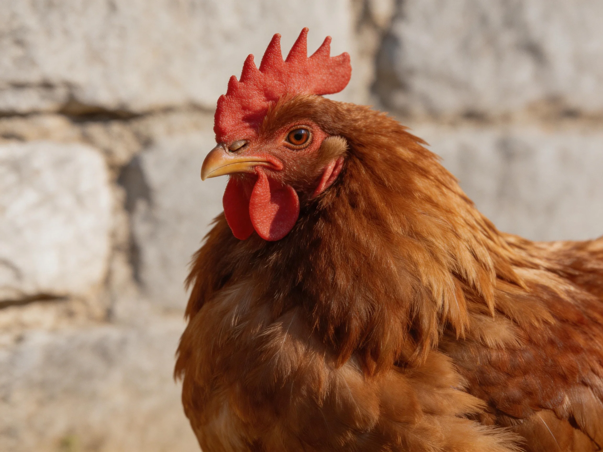 A reddish - brown hen with vibrant red comb beside a stone wall