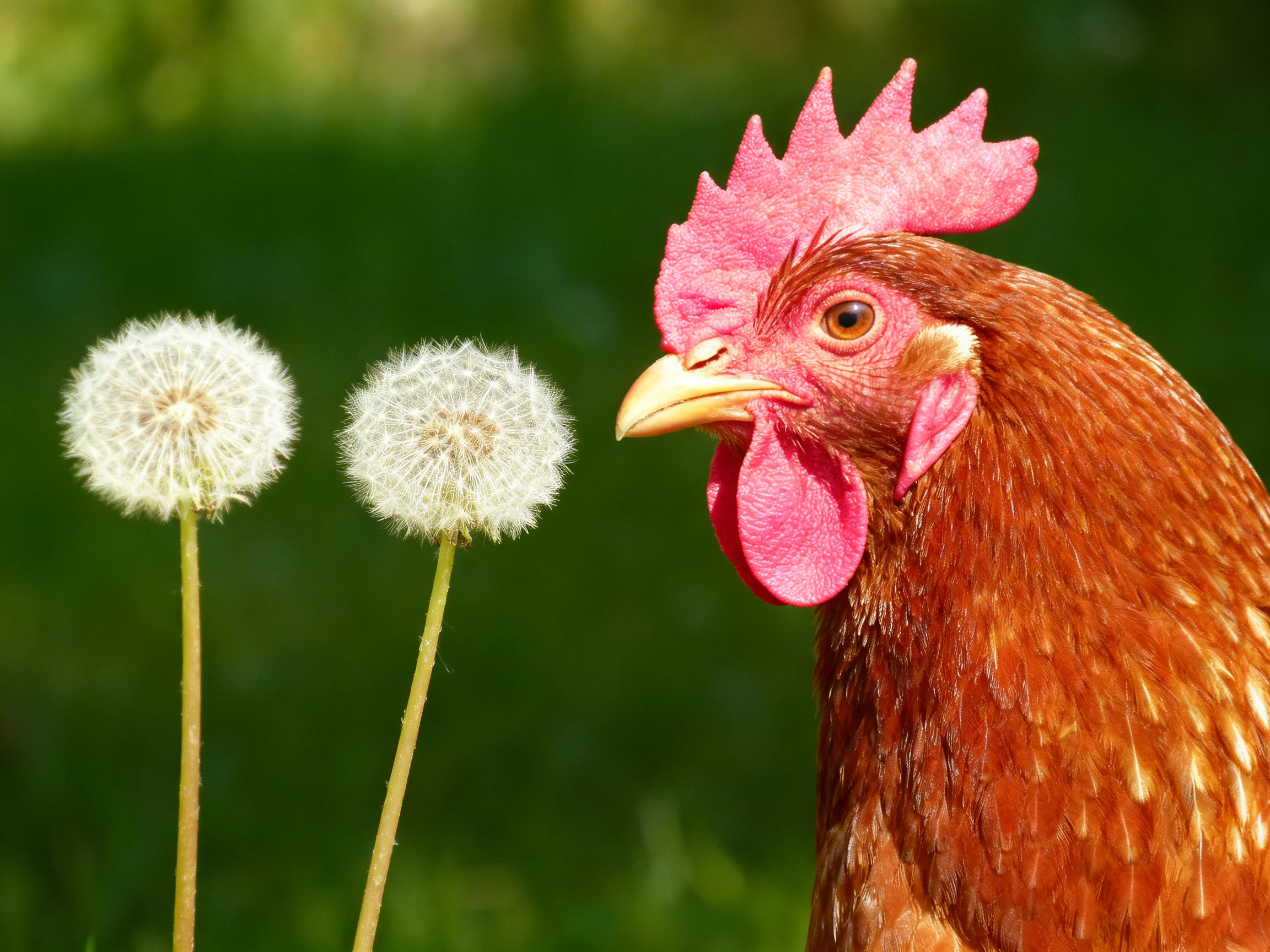 A reddish-brown rooster near two round white dandelions outdoors