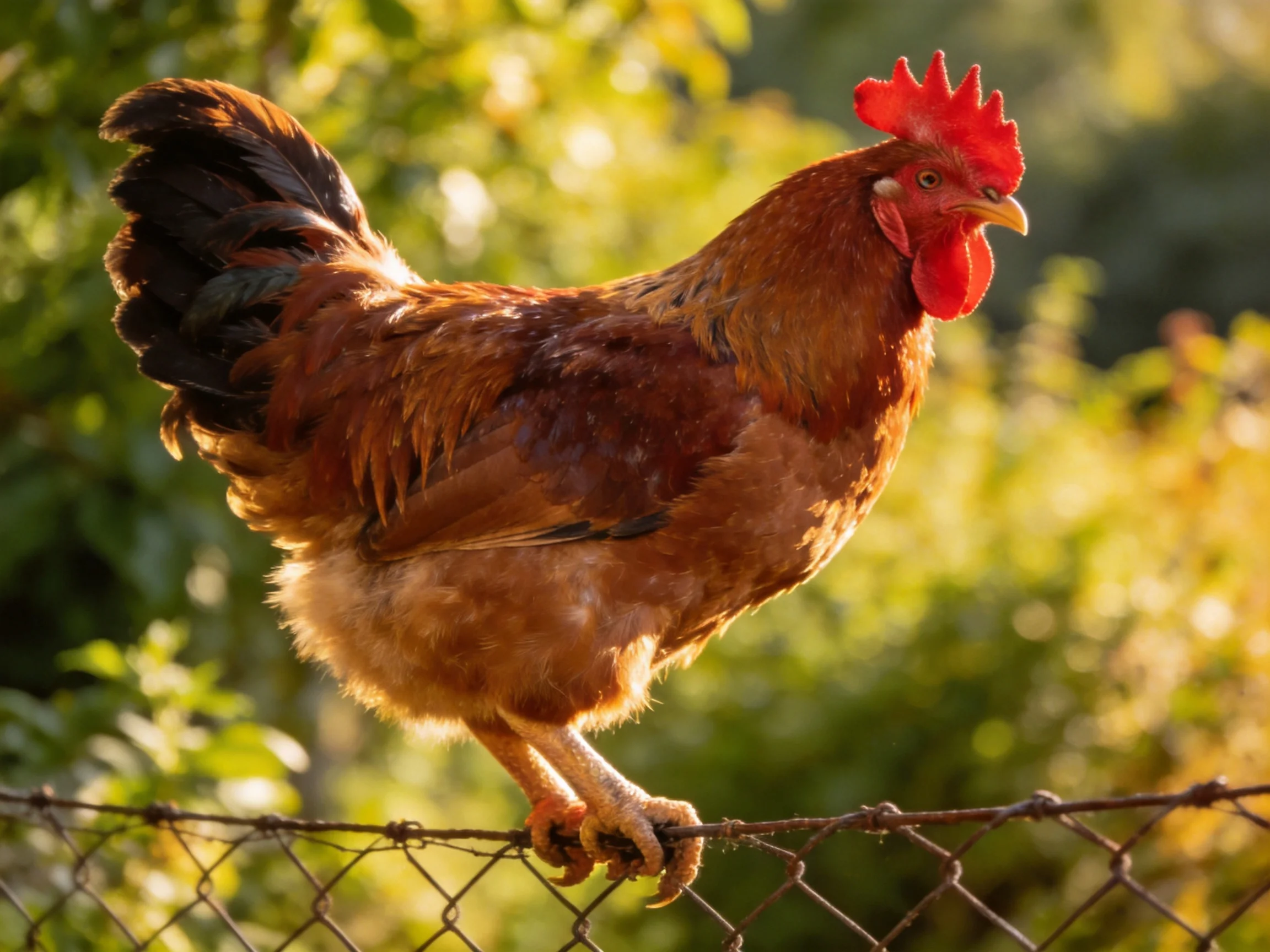 A reddish-brown rooster perched on a wire fence amid lush greenery