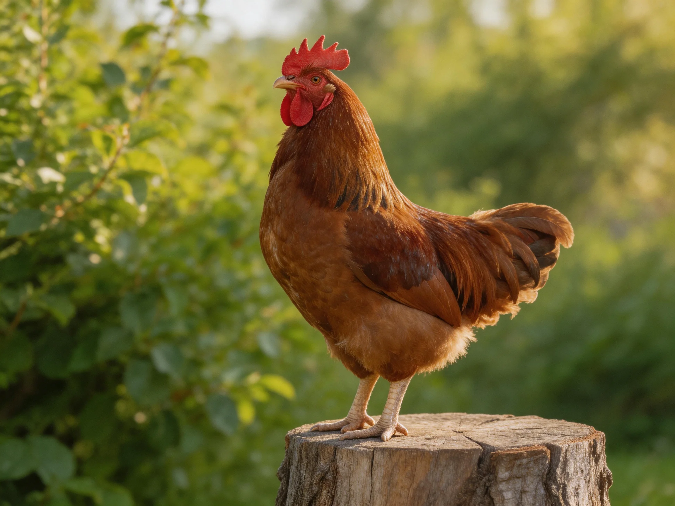A reddish-brown rooster perches on a weathered wooden stump amidst lush green foliage