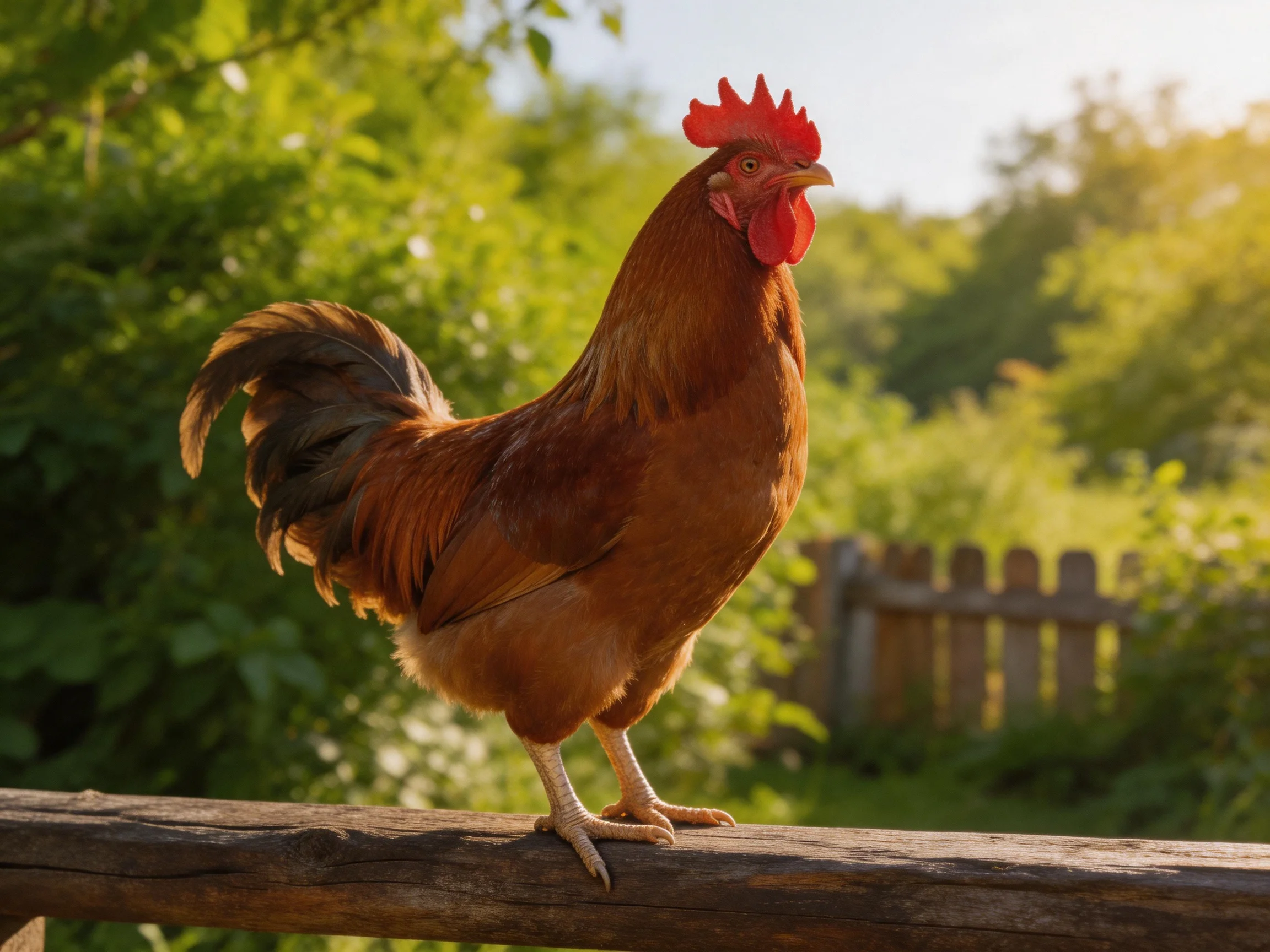 A reddish - brown rooster perches on a wooden fence rail