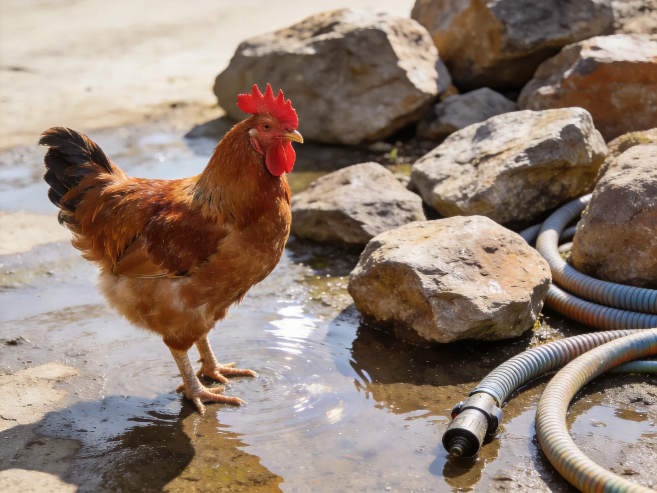 A reddish-brown rooster stands in shallow water near rocks and hoses