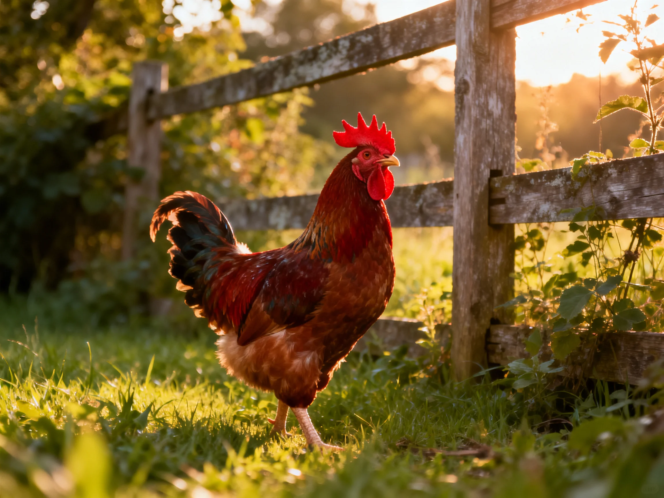 A rooster stands near a wooden fence in a sunlit outdoor setting.