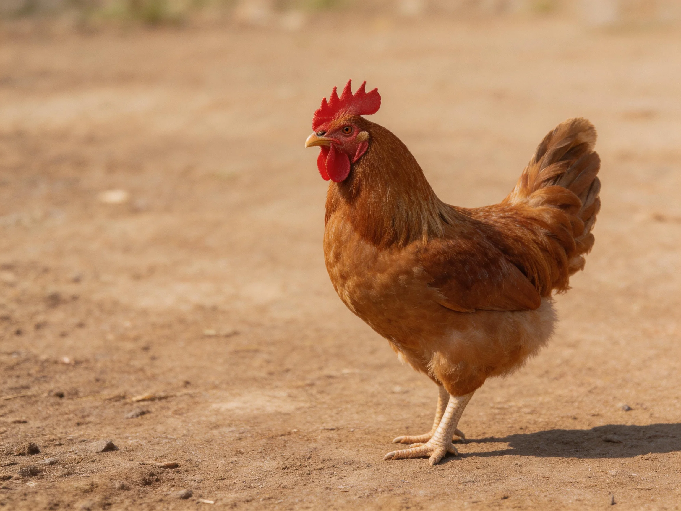 A reddish-brown rooster stands alone on a dusty outdoor surface.