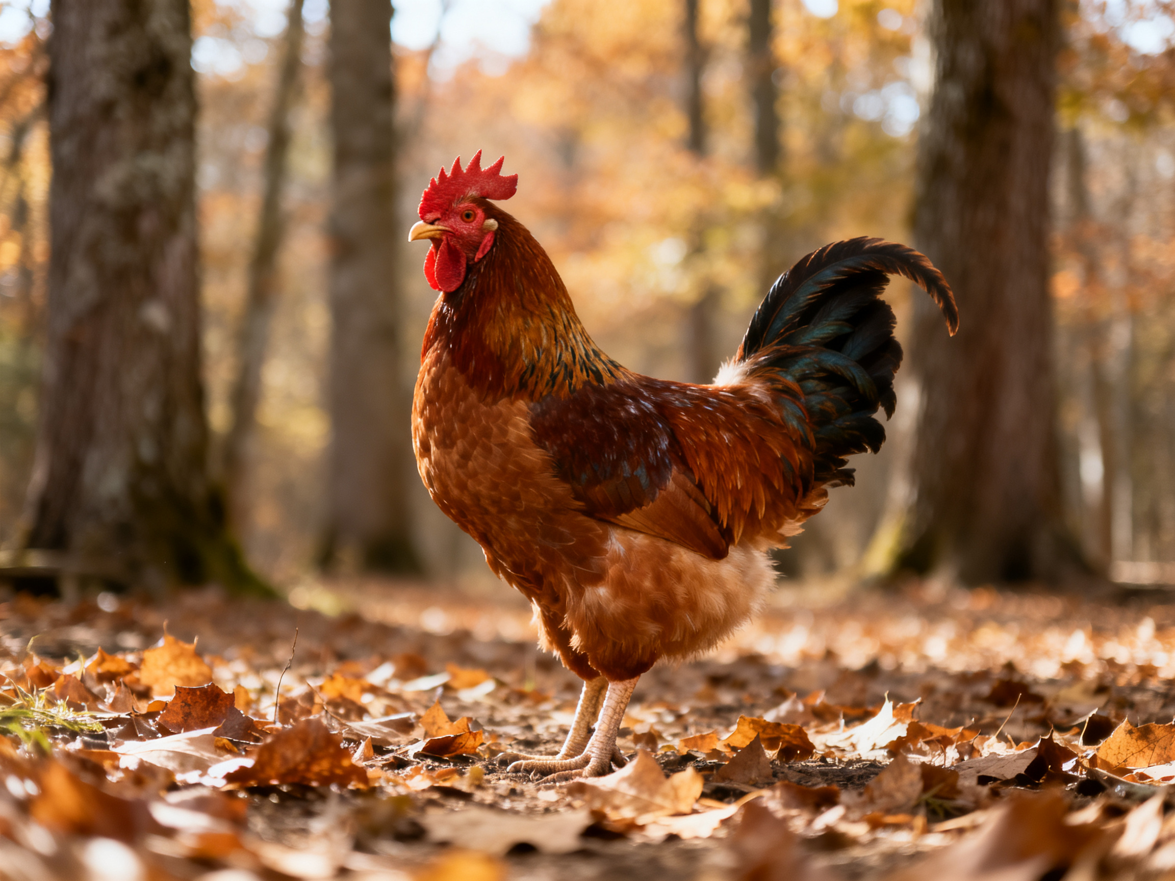 A reddish-brown rooster stands on golden autumn leaves in a forest