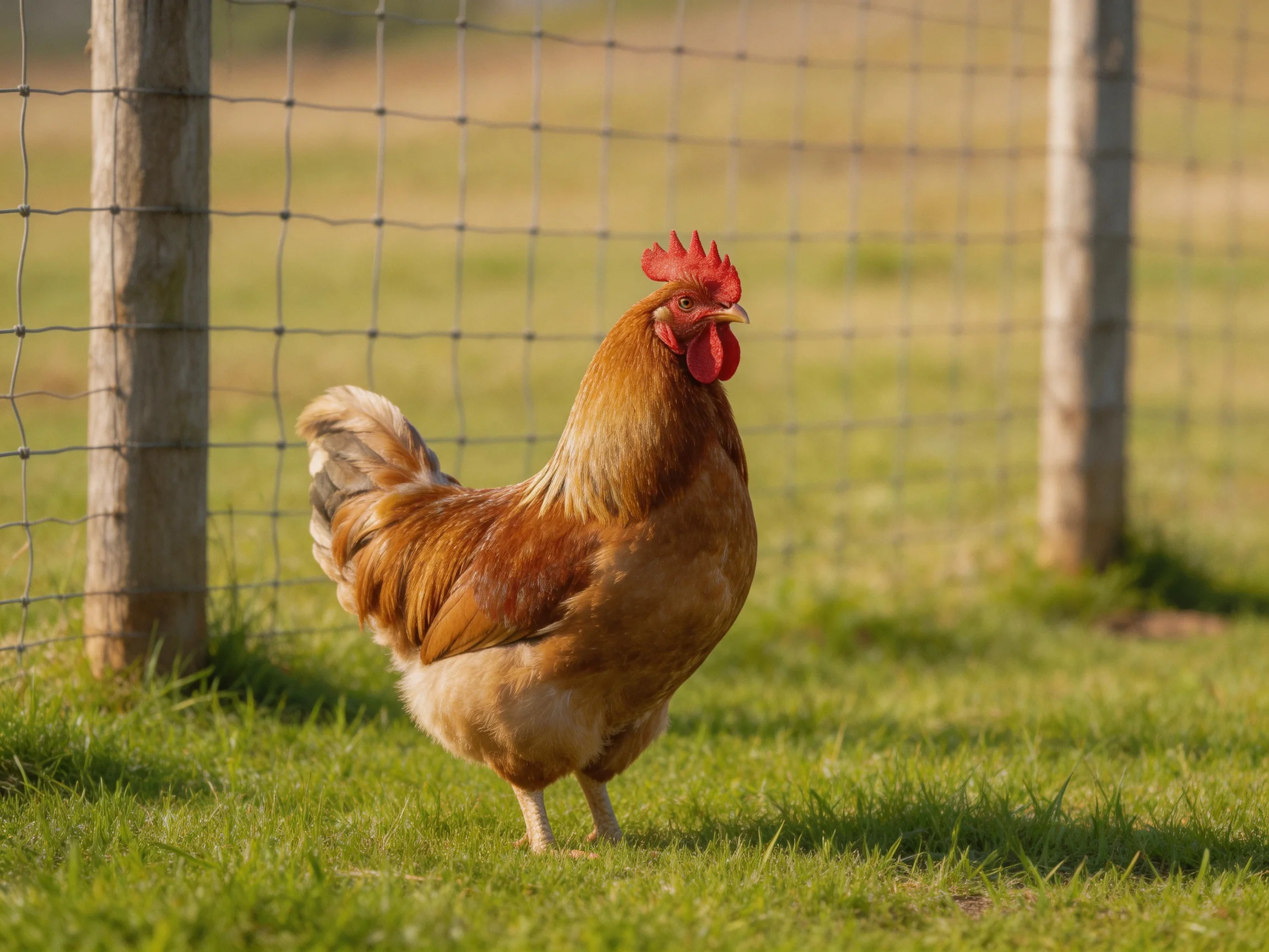 A rooster with reddish-brown feathers stands on green grass next to a wire fence