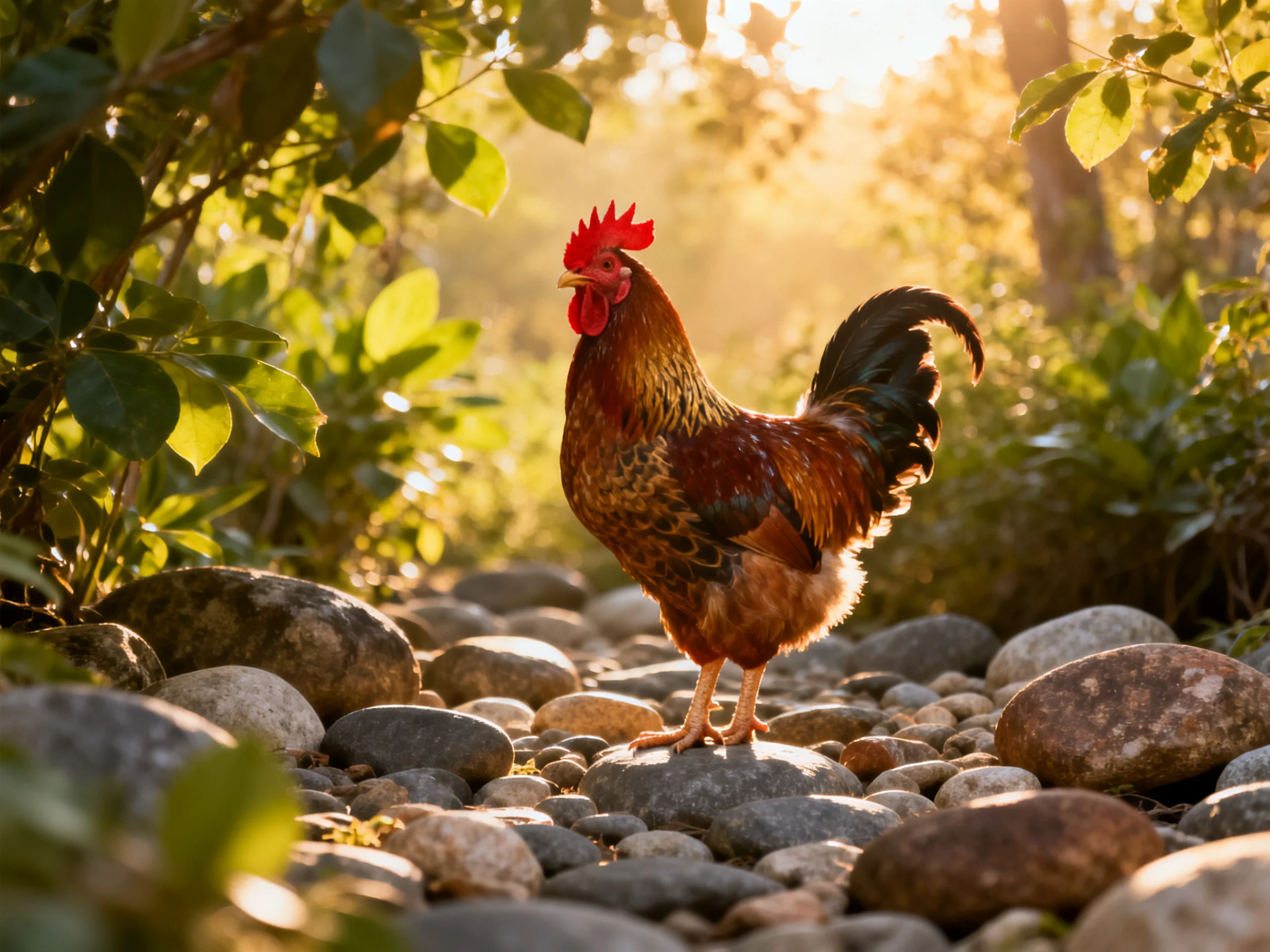 A reddish-brown rooster stands on smooth pebbles among greenery under golden sunlight