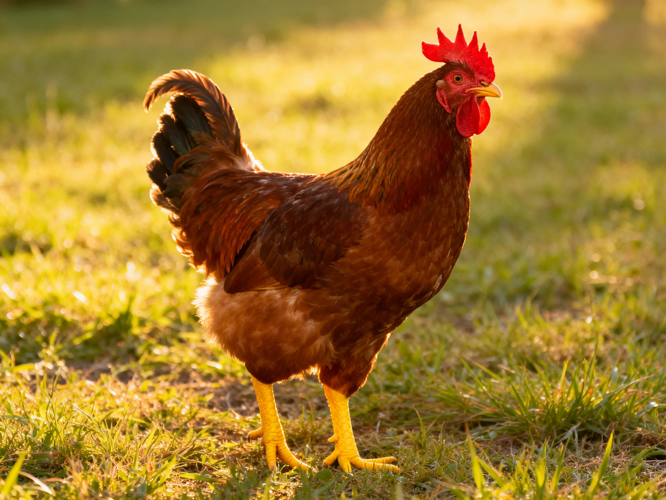 A reddish-brown rooster stands on sunlit green grass with bright yellow legs