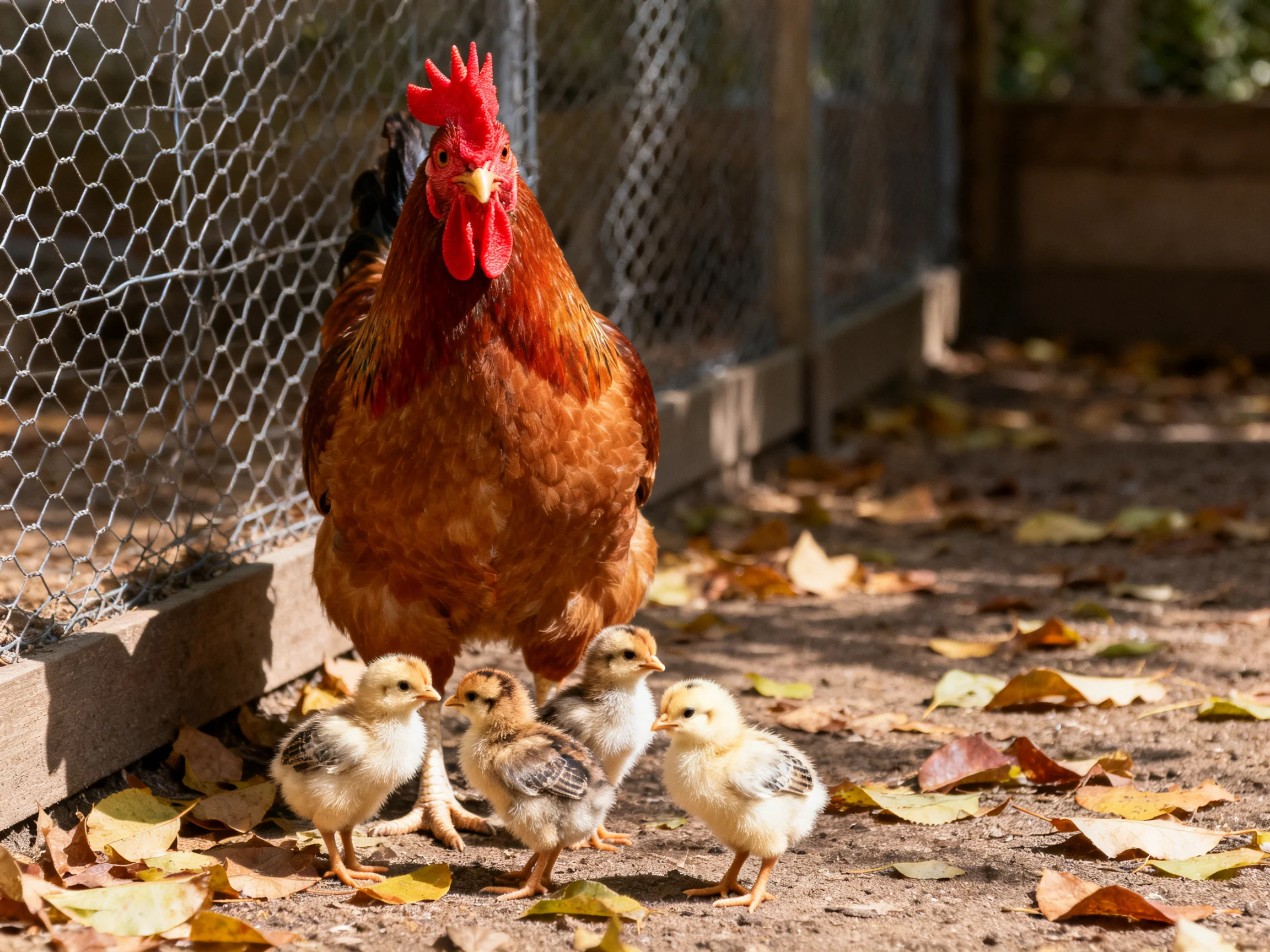 A rooster and four chicks gather near a wire fence on a leaf-covered area.