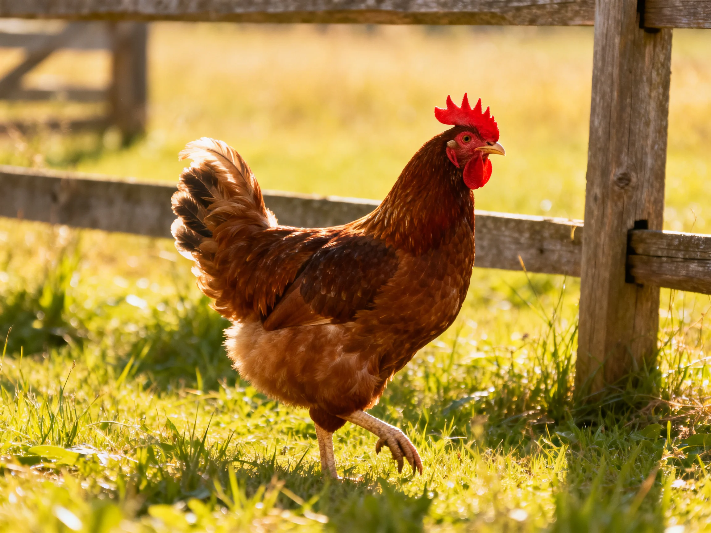 A reddish-brown rooster walks beside a wooden fence in sunlit grass