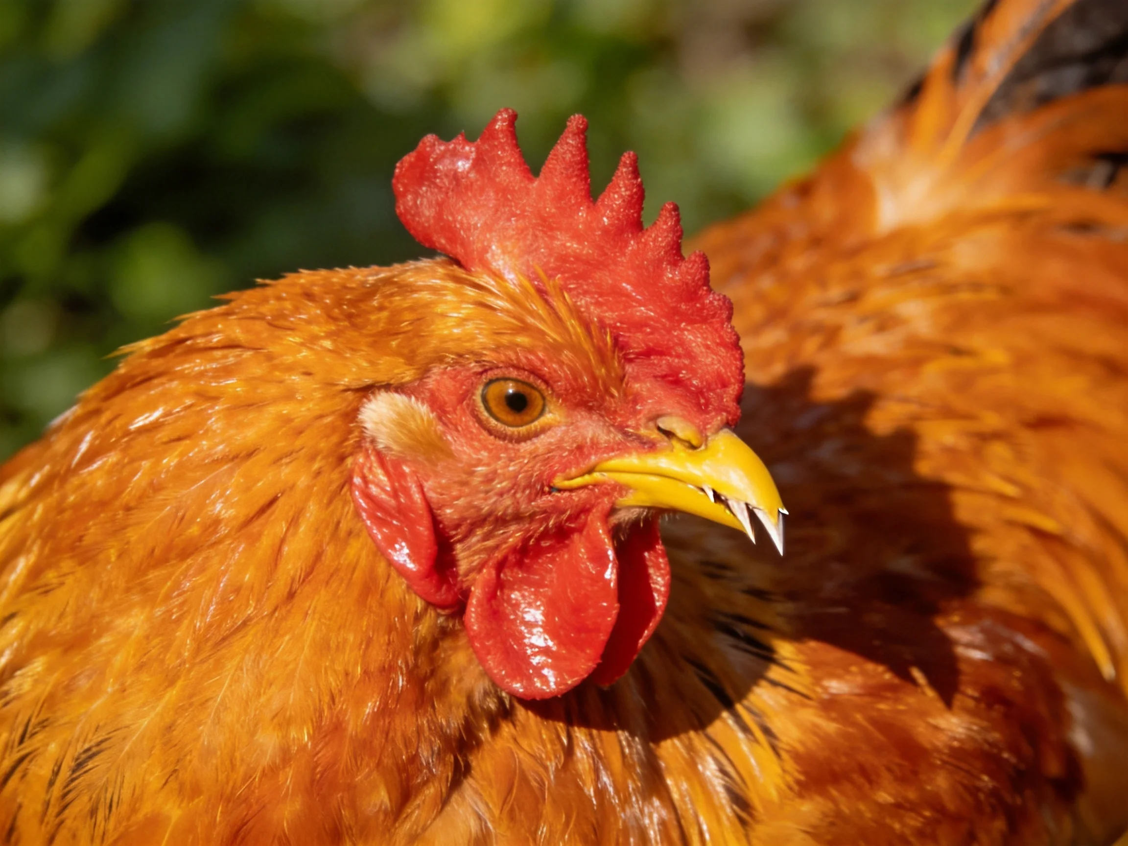 A reddish-brown rooster with a bright red comb and yellow beak