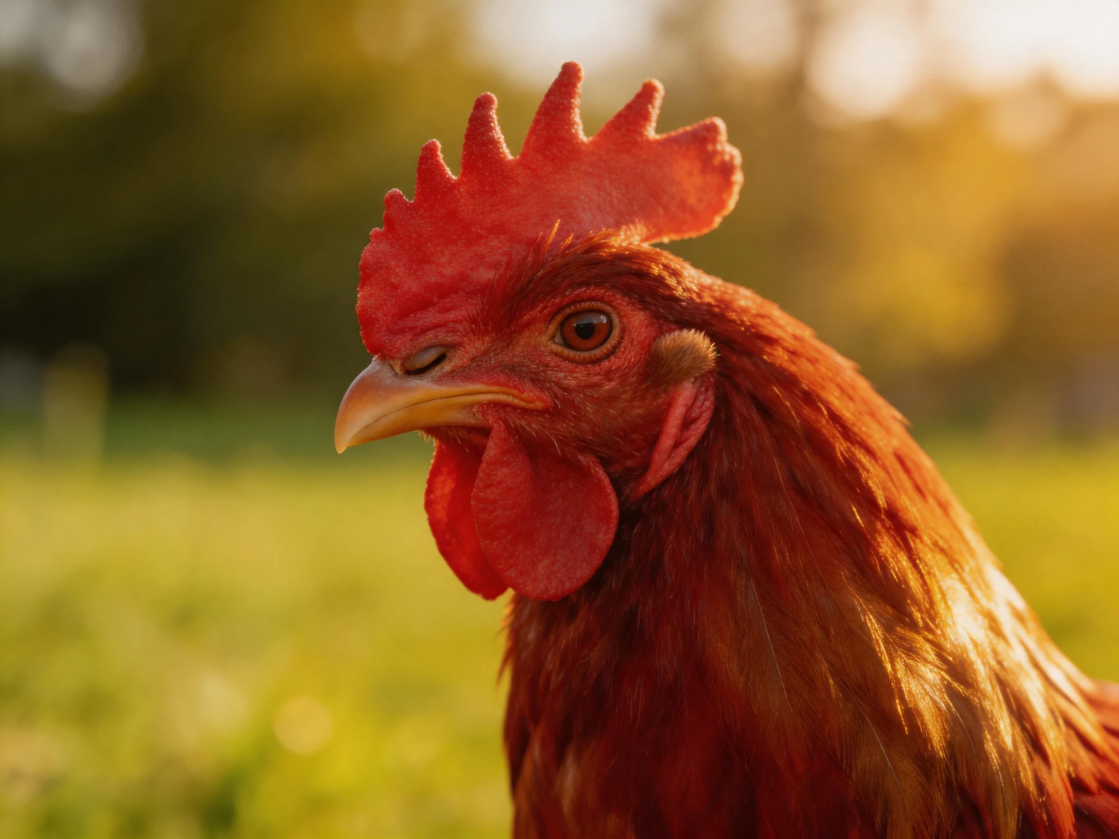A reddish - brown rooster with a bright red comb in a sunlit field