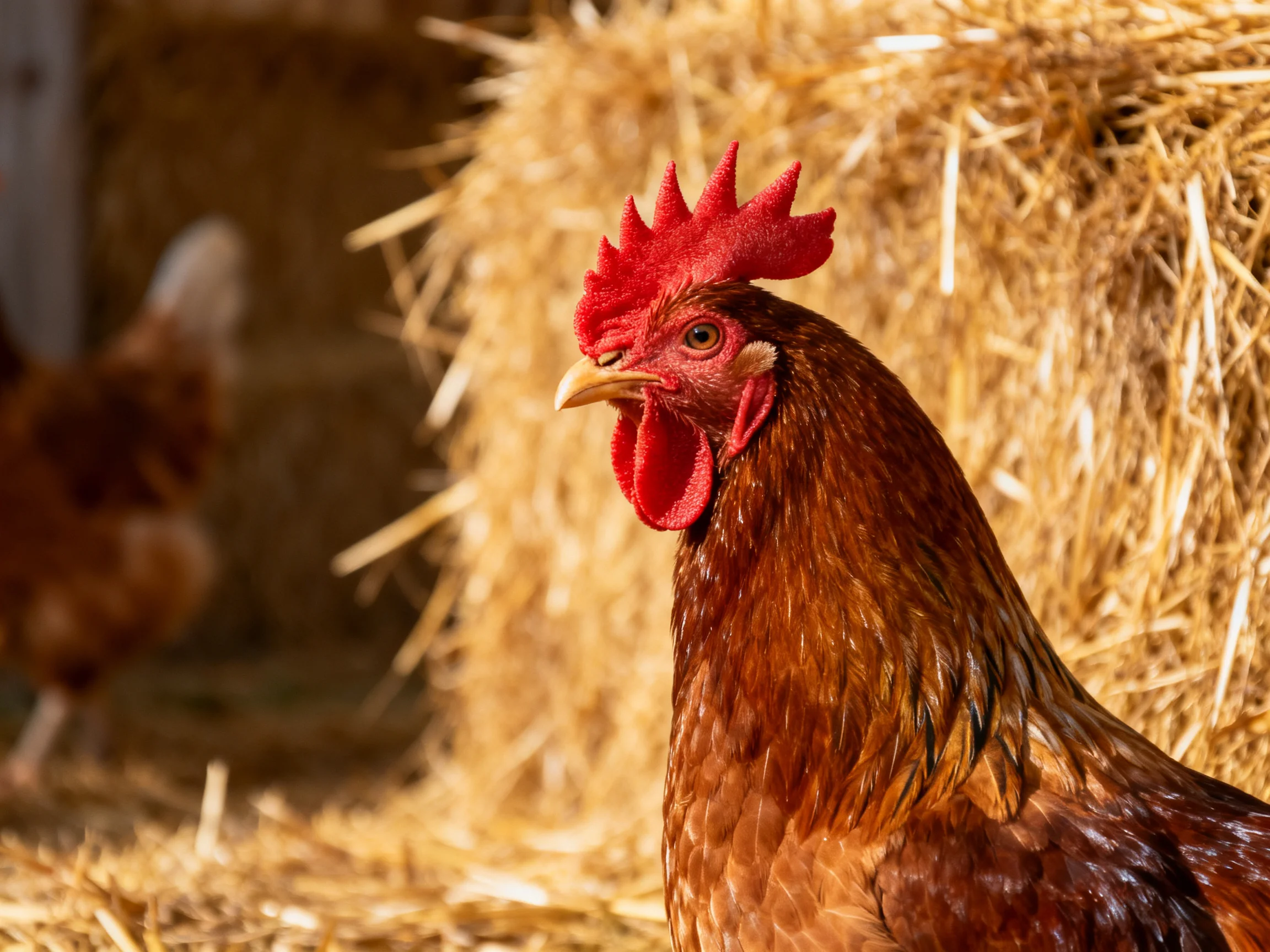 A reddish-brown rooster with a bright red comb stands beside golden straw bales, with a brown hen nea