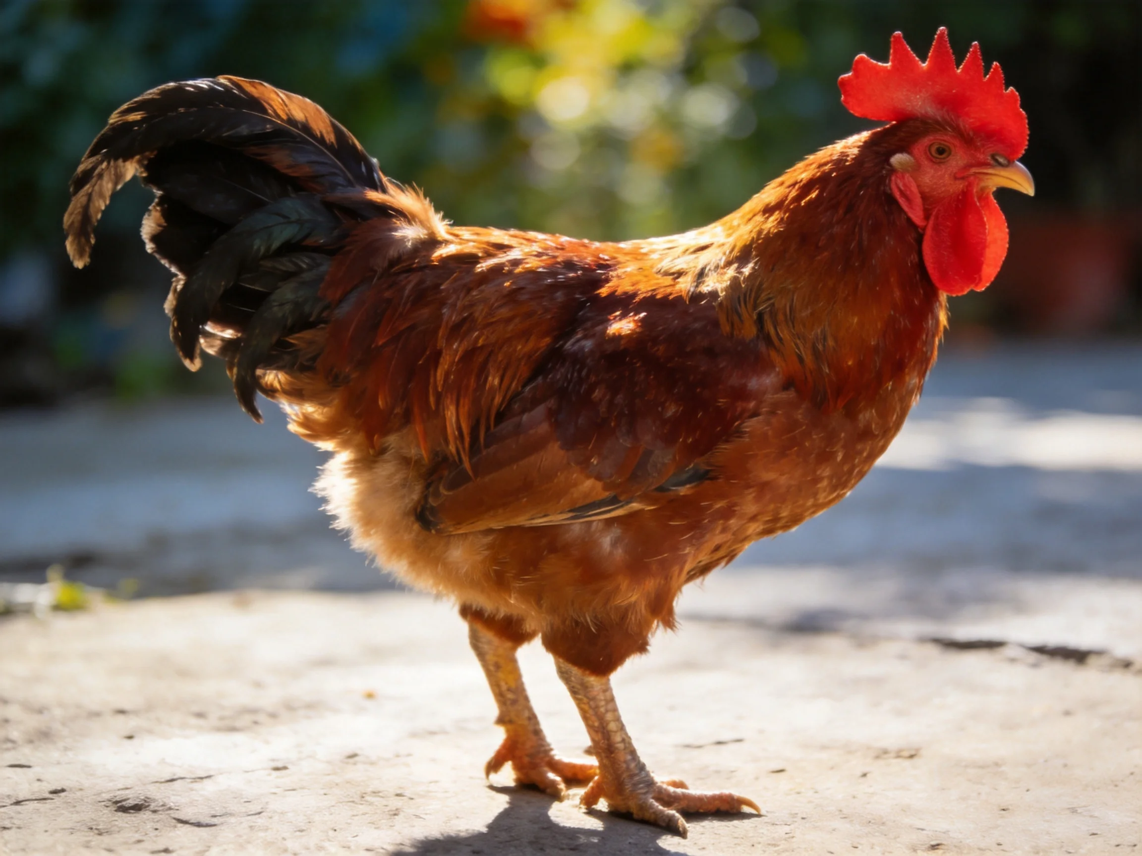 A reddish-brown rooster with a bright red comb stands on a sunlit concrete surface