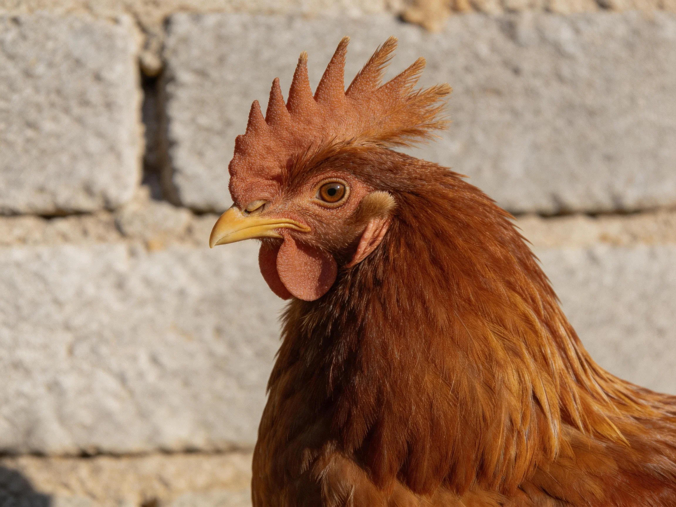 A reddish-brown rooster with a spiky comb near gray stone bricks