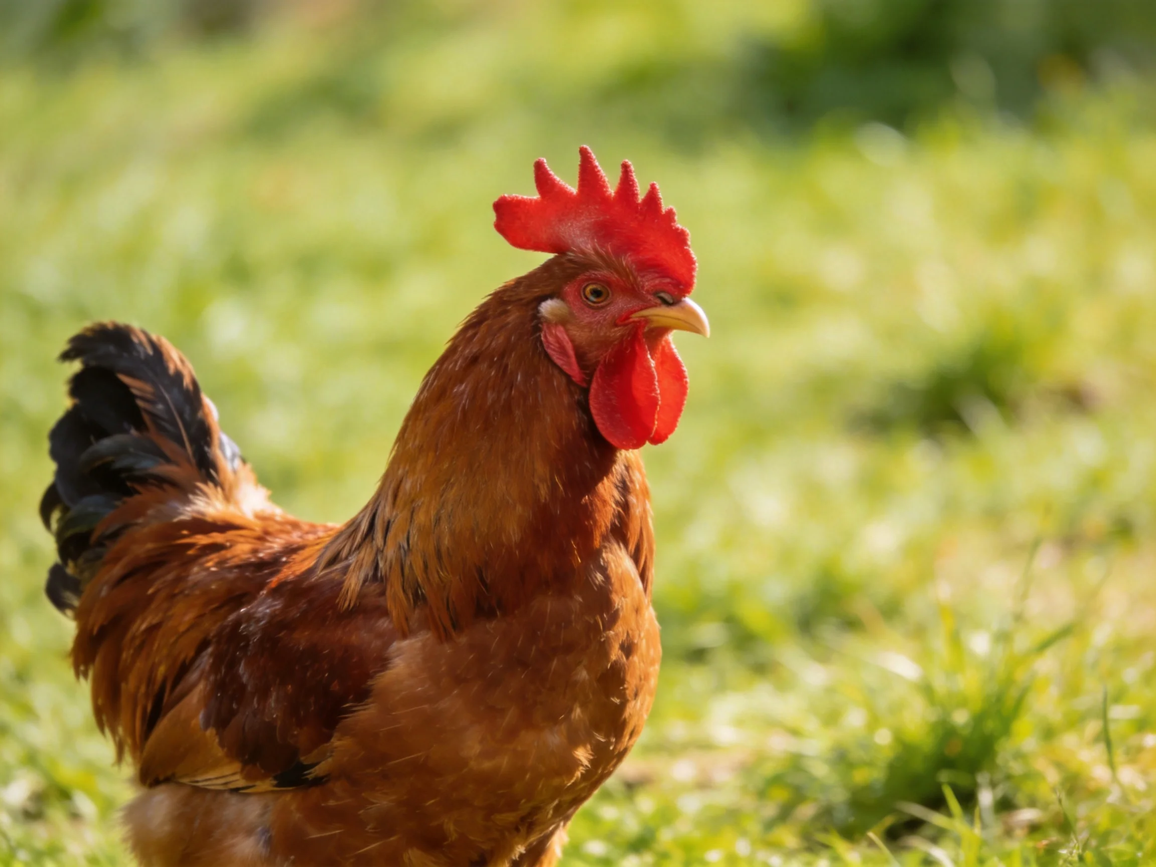 A reddish-brown rooster with a vivid red comb in a sunlit grassy area