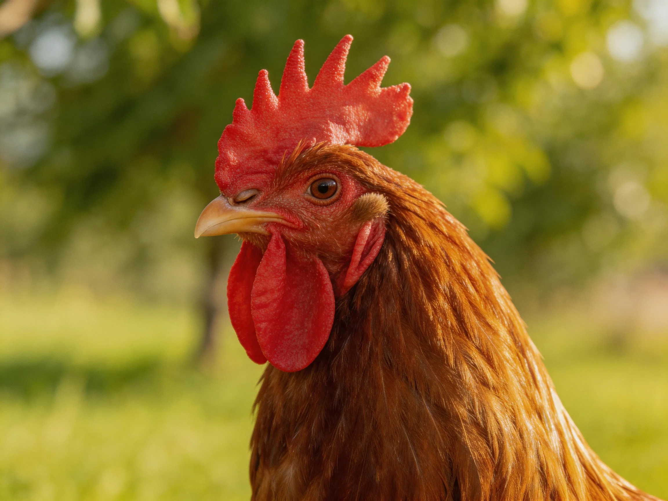 A reddish-brown rooster with a vivid red comb in an outdoor landscape