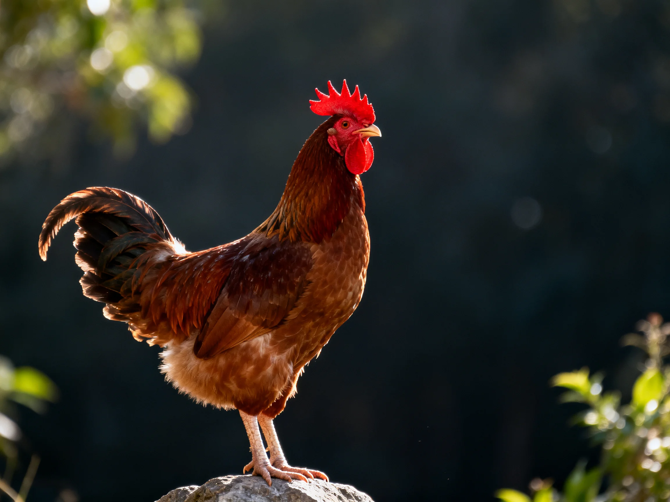 A reddish-brown rooster with bright red comb perches on a rock