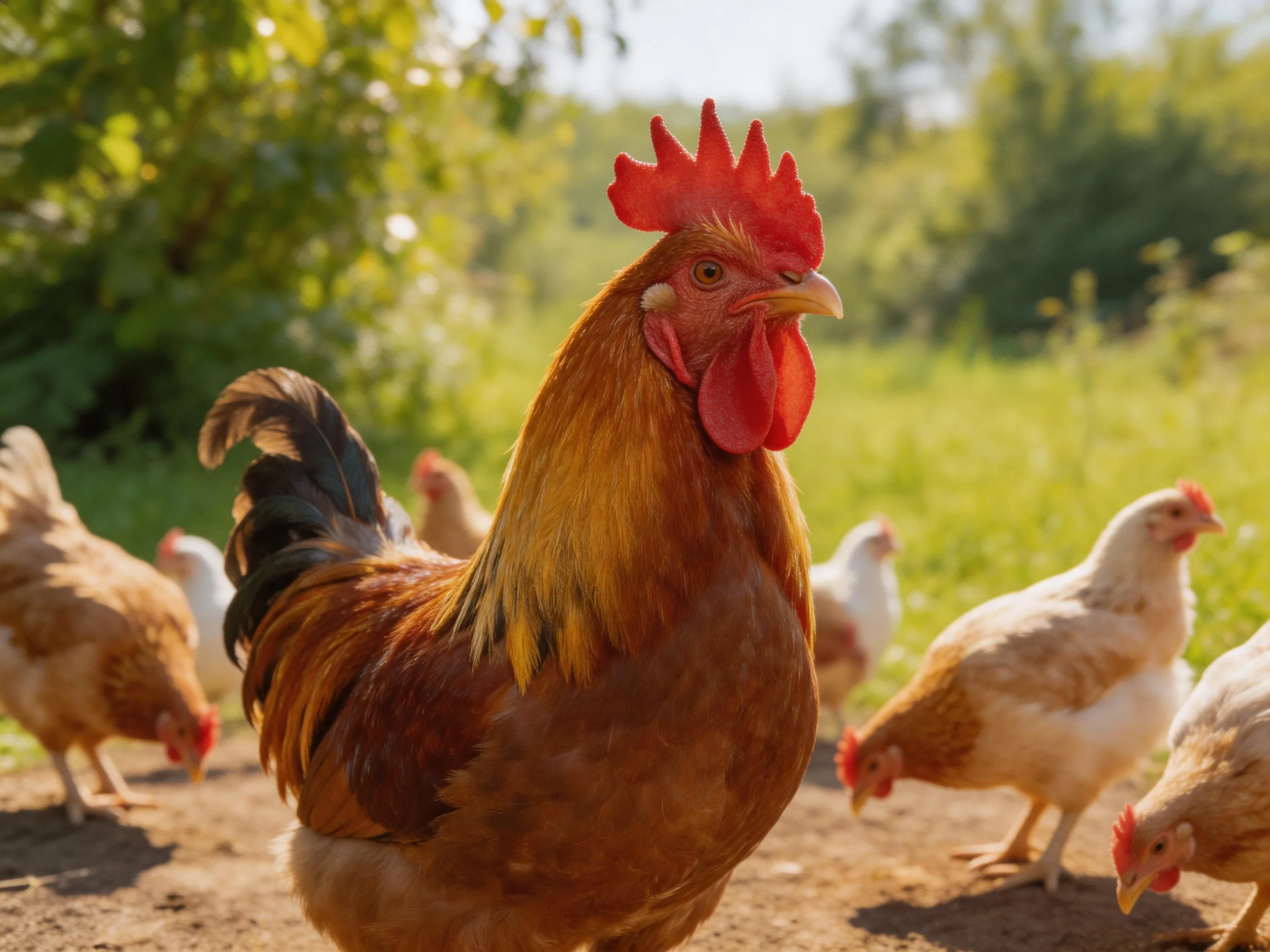 A reddish-brown rooster with chickens in a sunny field