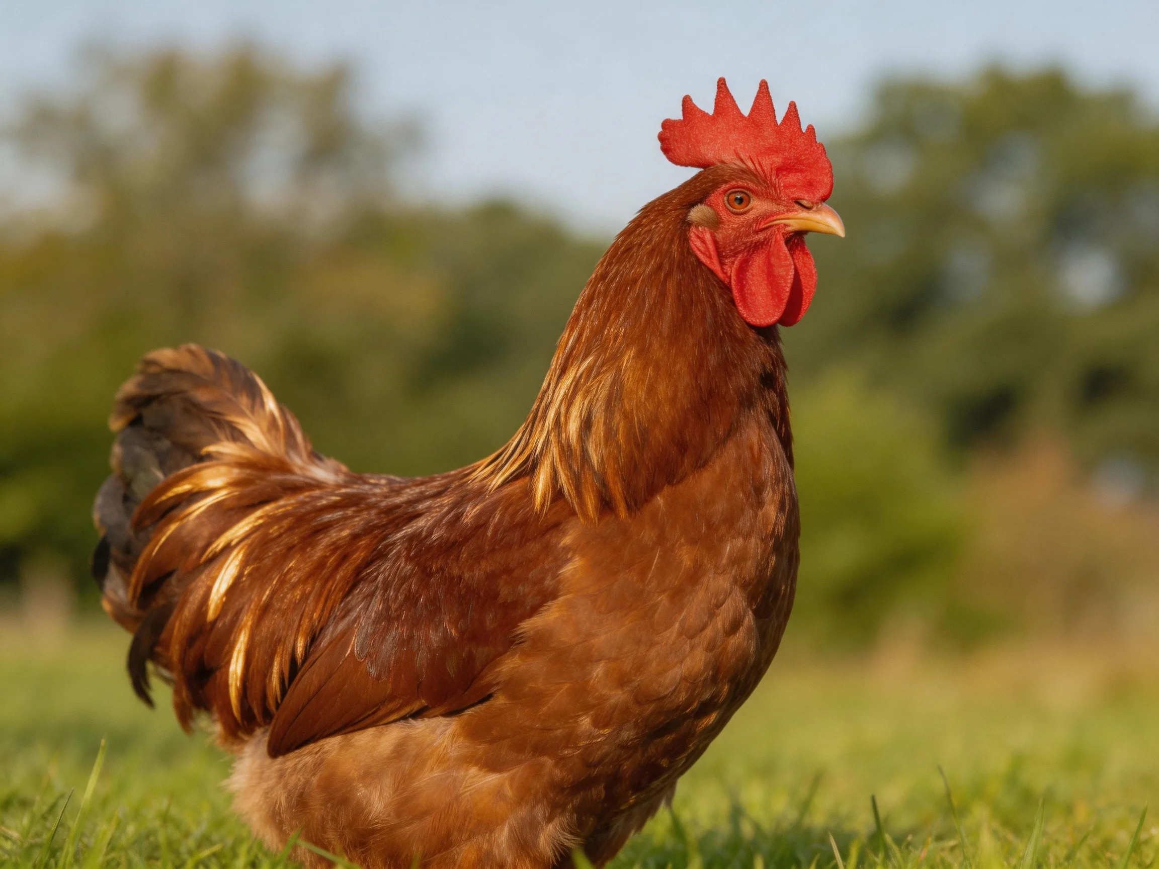 A reddish - brown rooster with red comb in a sunlit green field