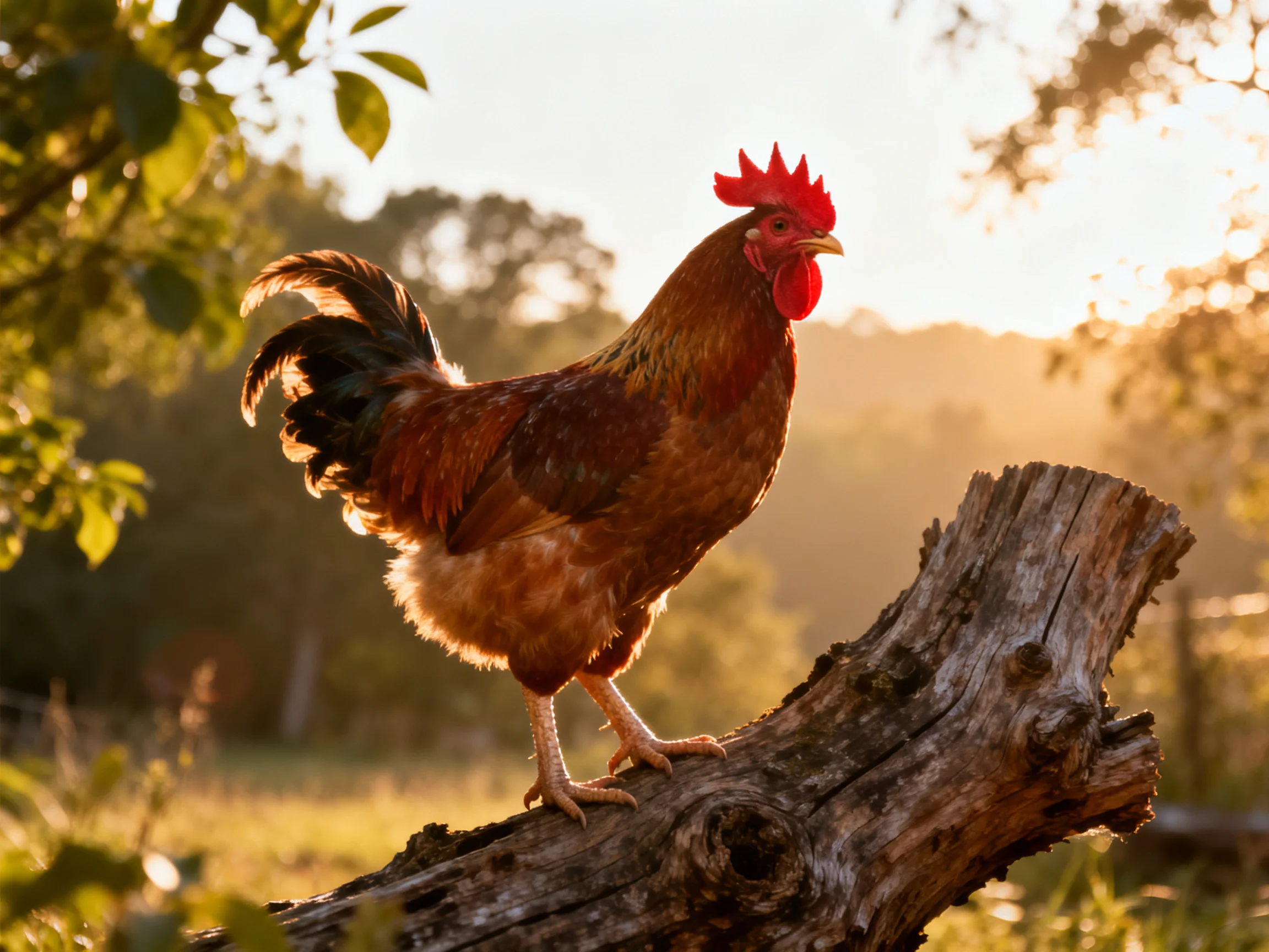 A reddish-brown rooster with red comb stands on a gnarled wooden stump under golden sunlight