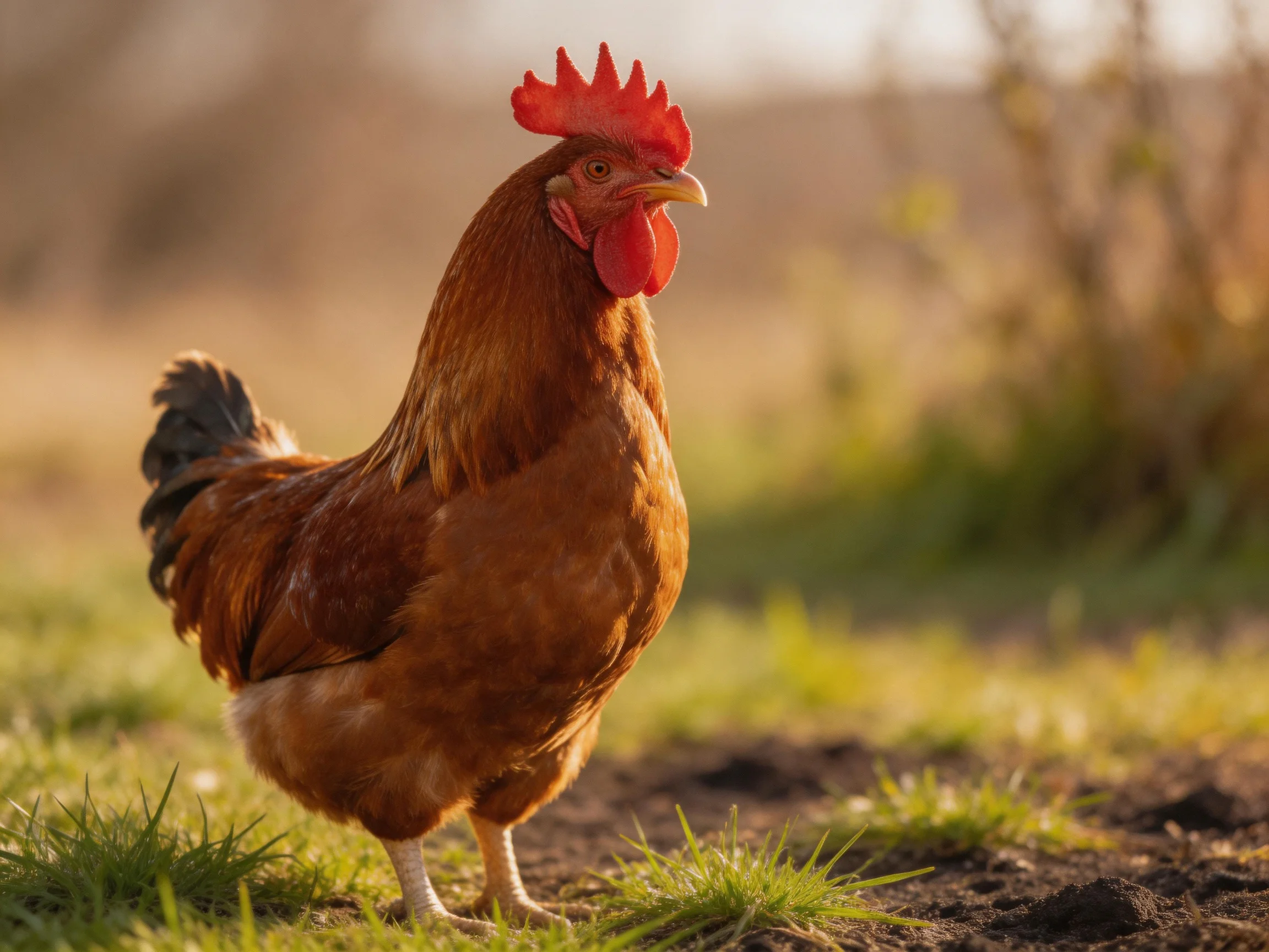 A reddish-brown rooster with red comb stands on grass in a sunlit outdoor setting.