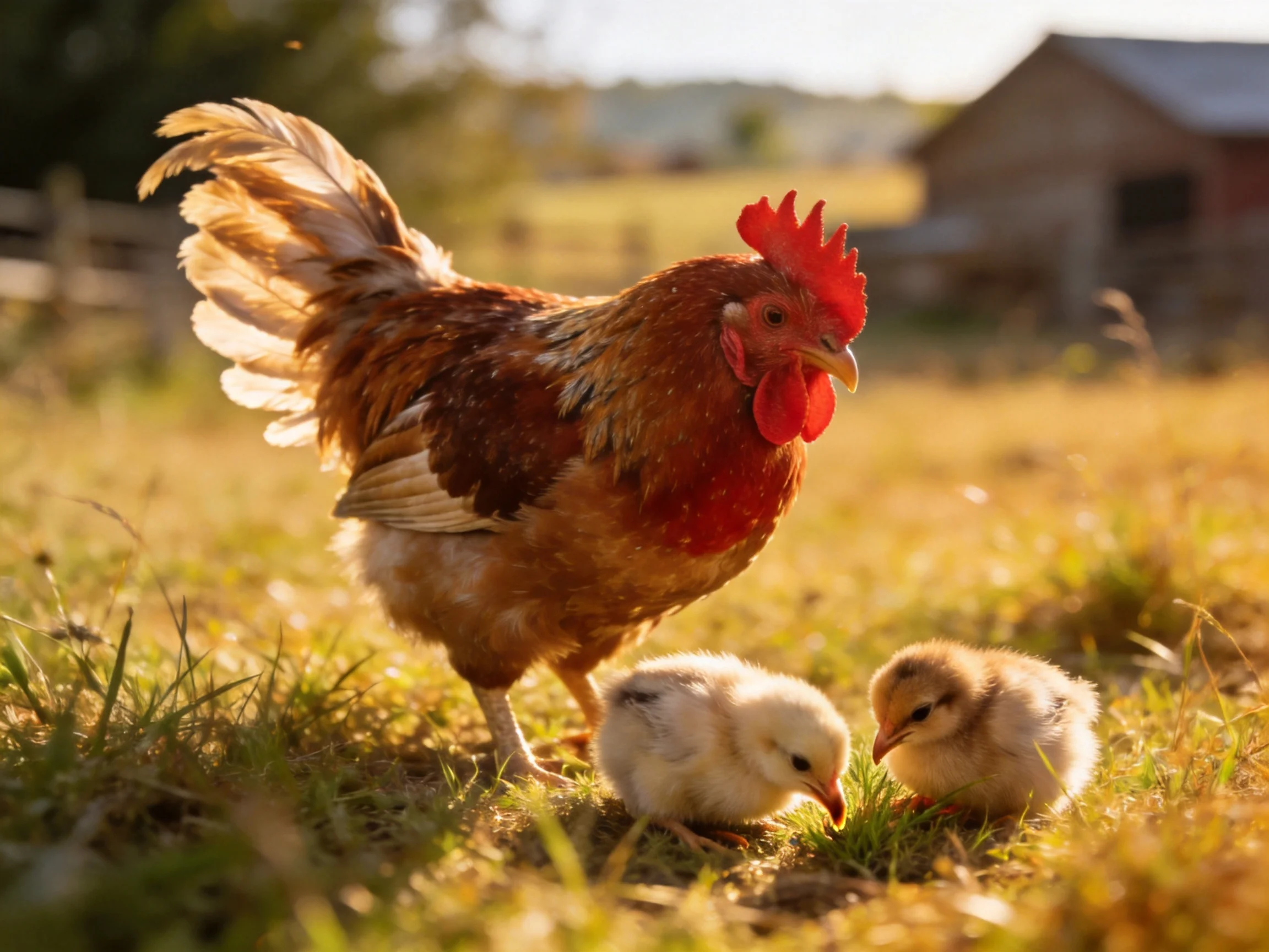 A rooster stands protectively over two chicks in a sunlit farm setting.