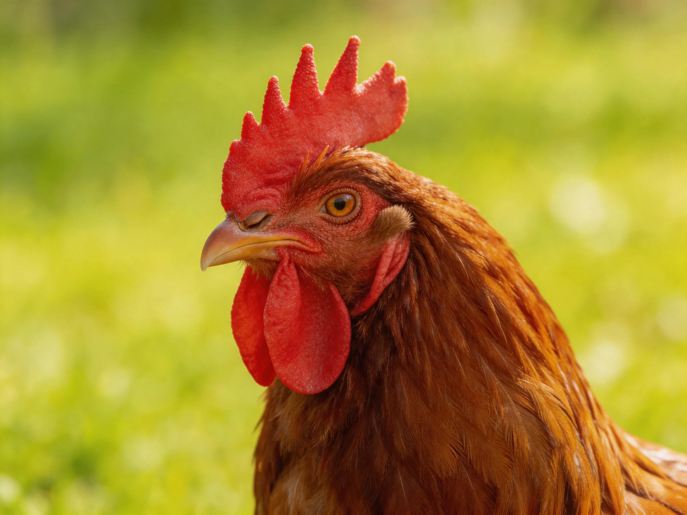 A reddish-brown rooster with vibrant red comb and wattles in a blurred green setting