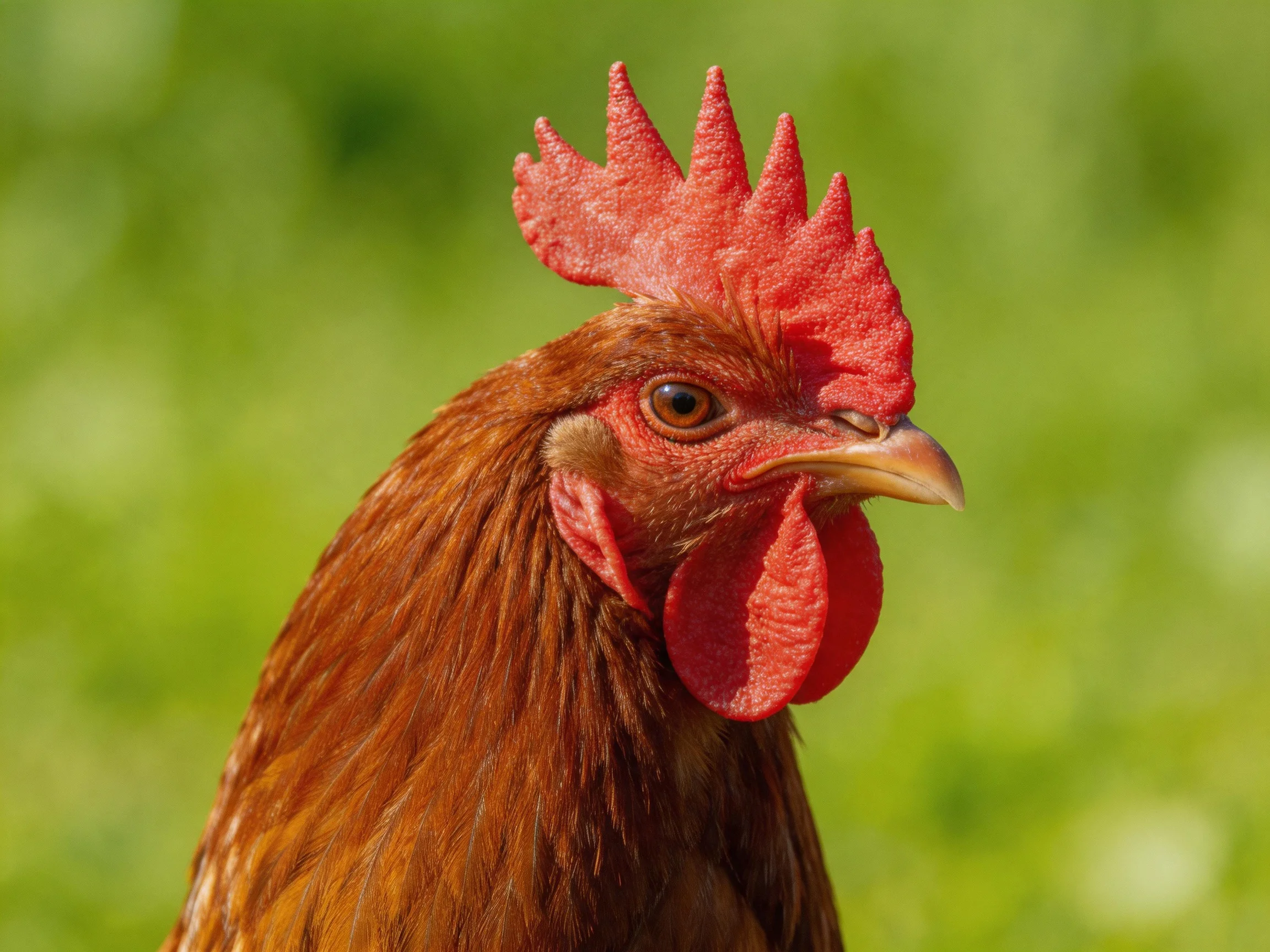 A reddish-brown rooster with vibrant red comb and wattles stands out against a blurred green backgrou