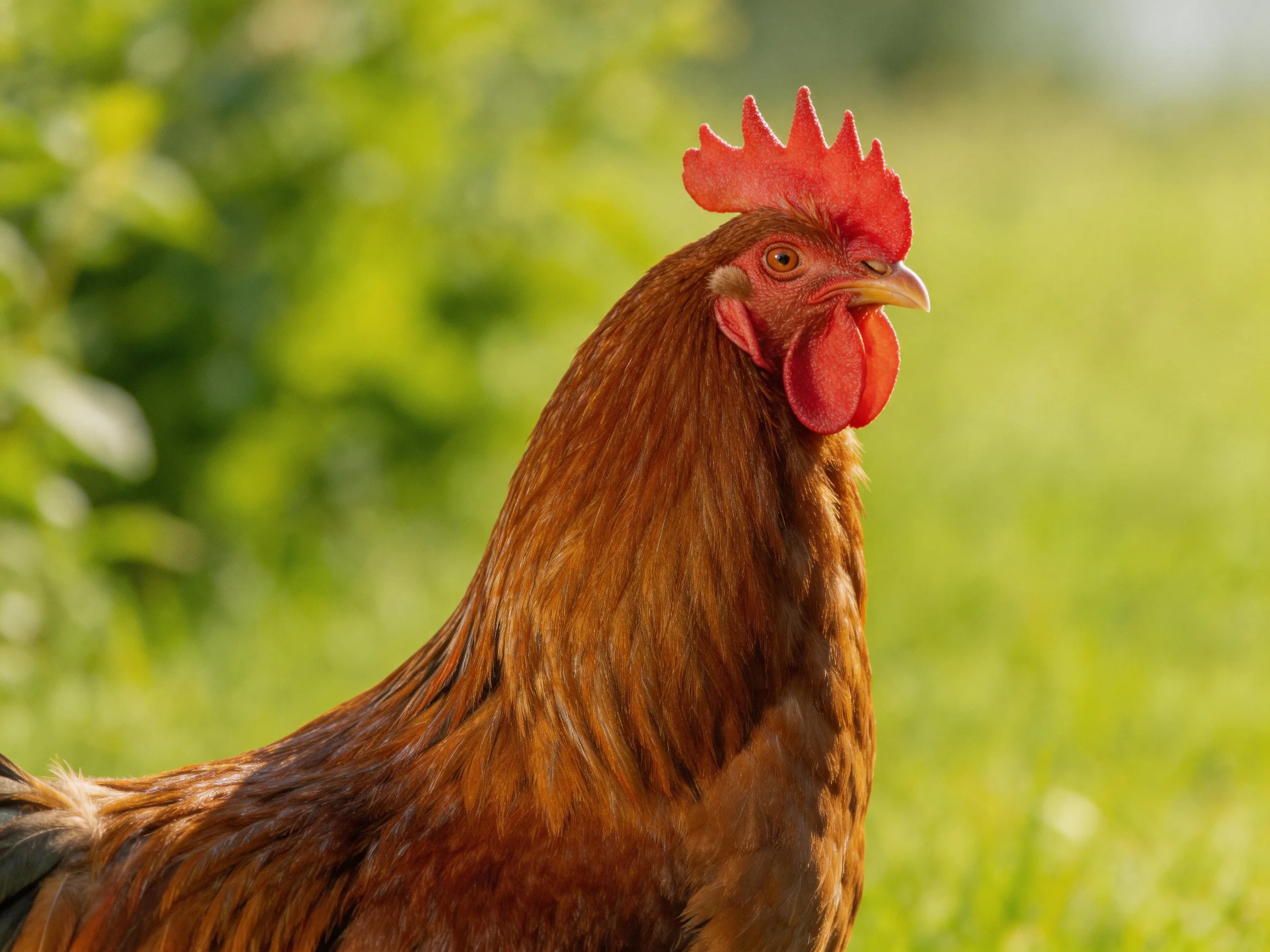 A reddish-brown rooster with vibrant red comb in a sunlit green field