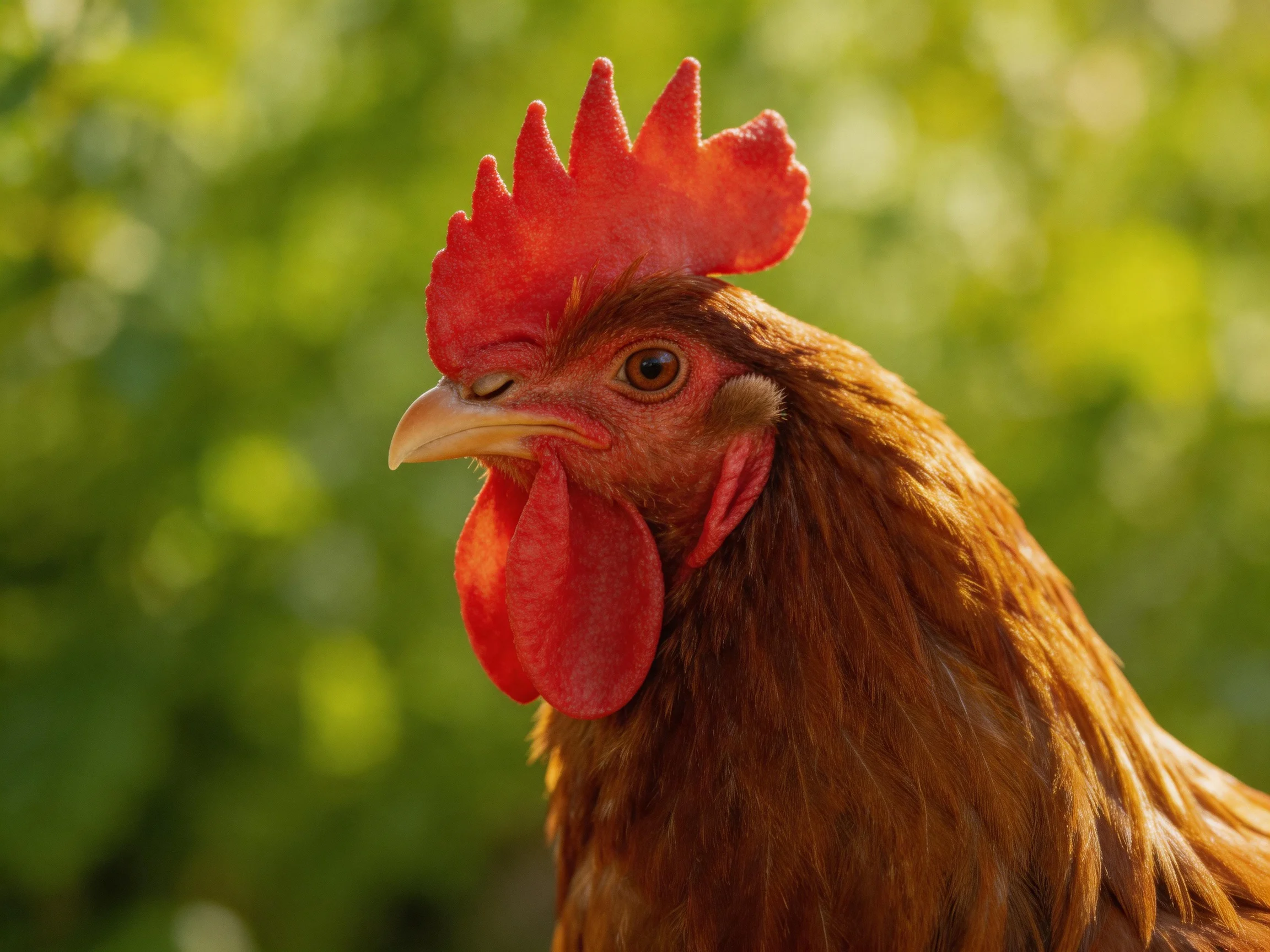 A reddish-brown rooster with vibrant red comb in a sunlit outdoor setting