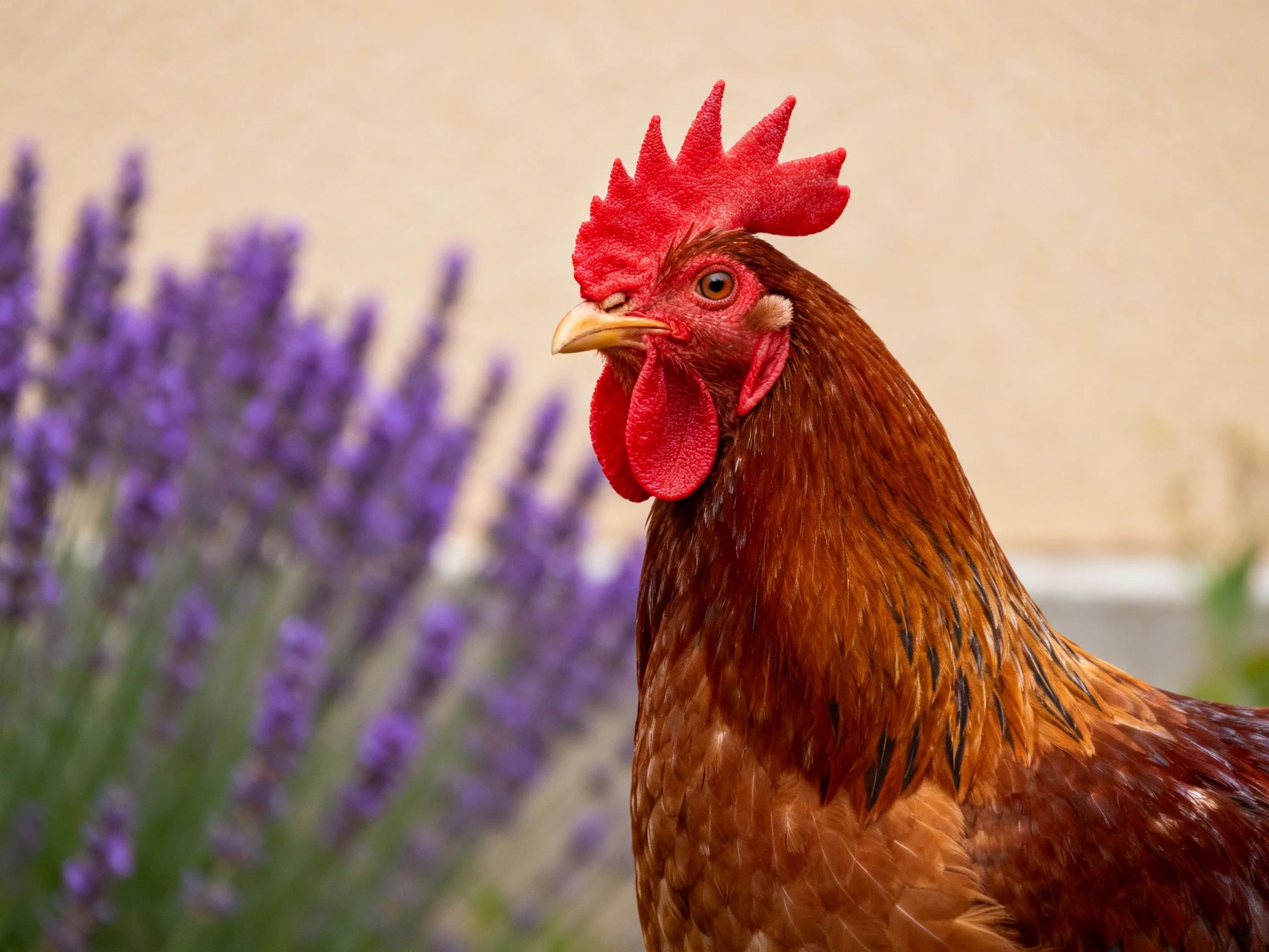 A reddish-brown rooster with vibrant red comb stands beside purple lavender bushes