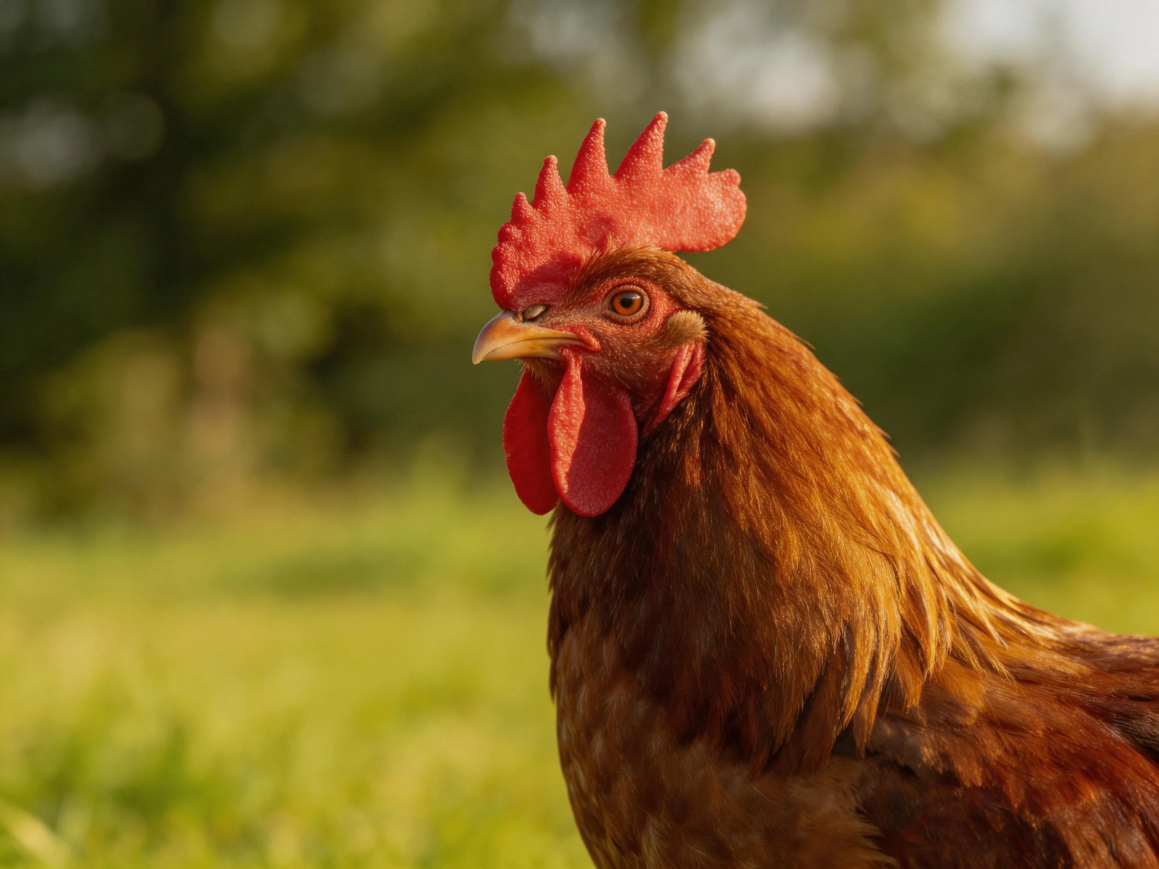 A reddish-brown rooster with vibrant red comb stands in a sunlit green field