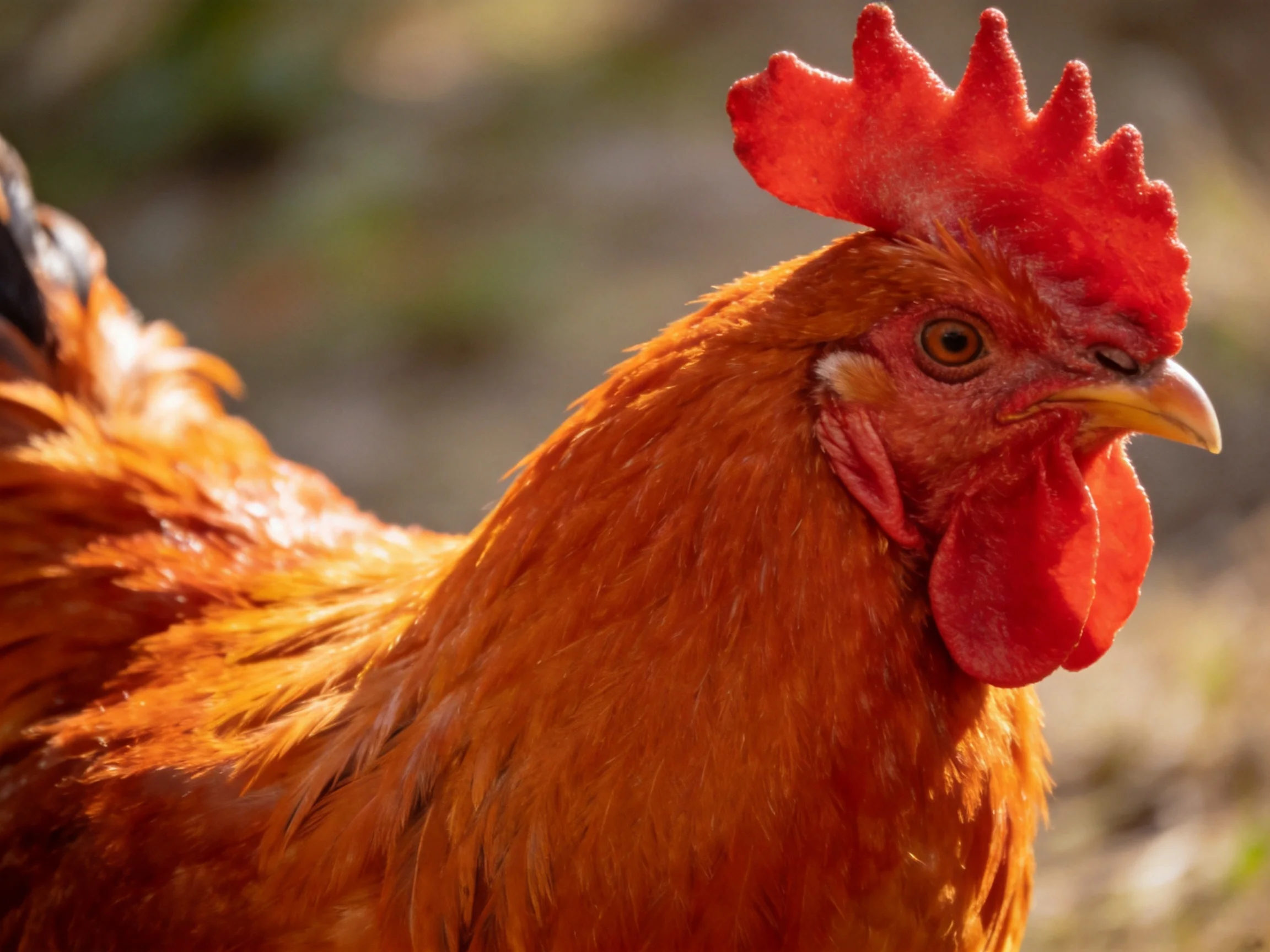 A reddish-brown rooster with vivid red comb and wattles