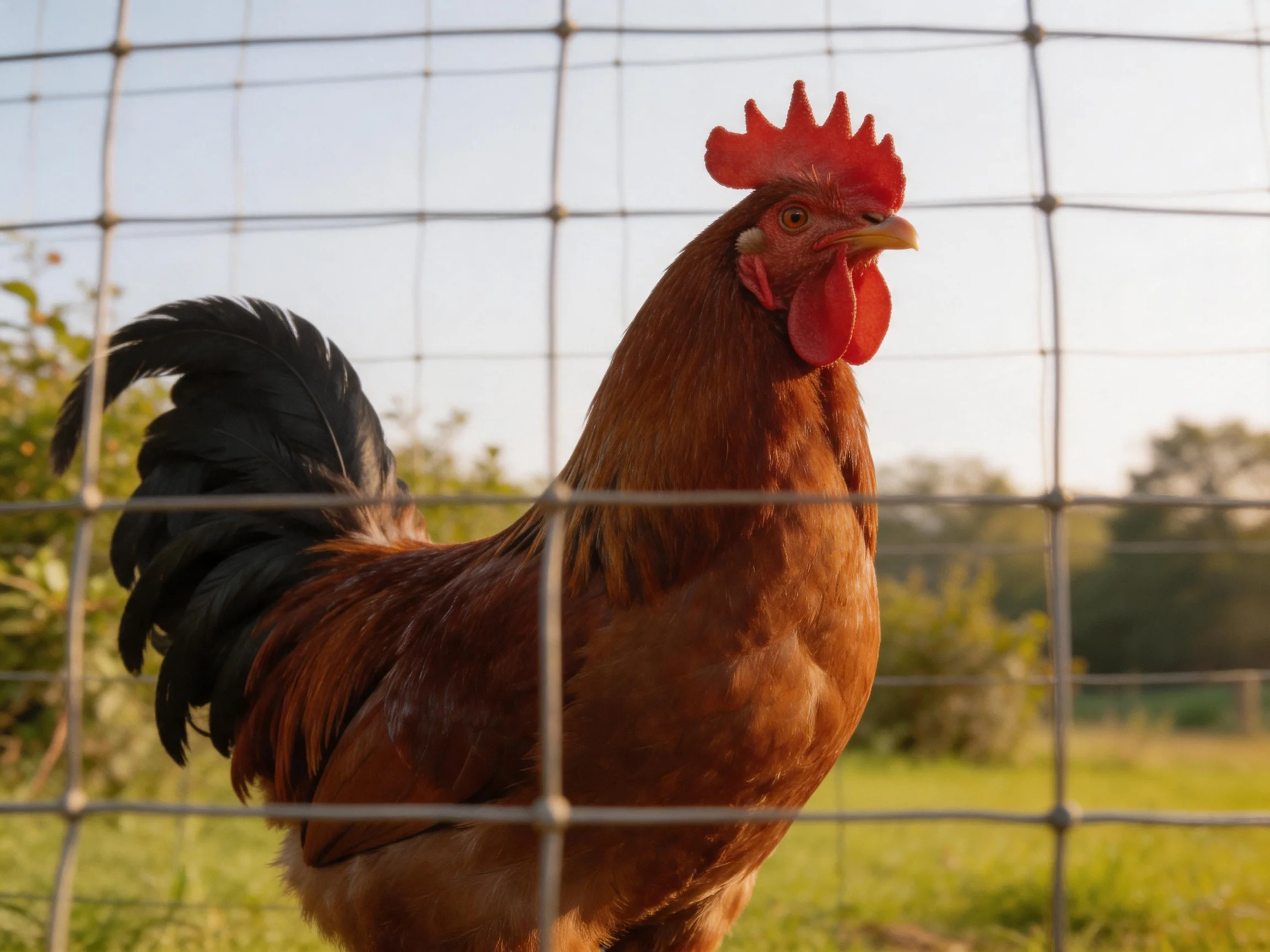 A robust brown rooster with black tail feathers behind wire fencing