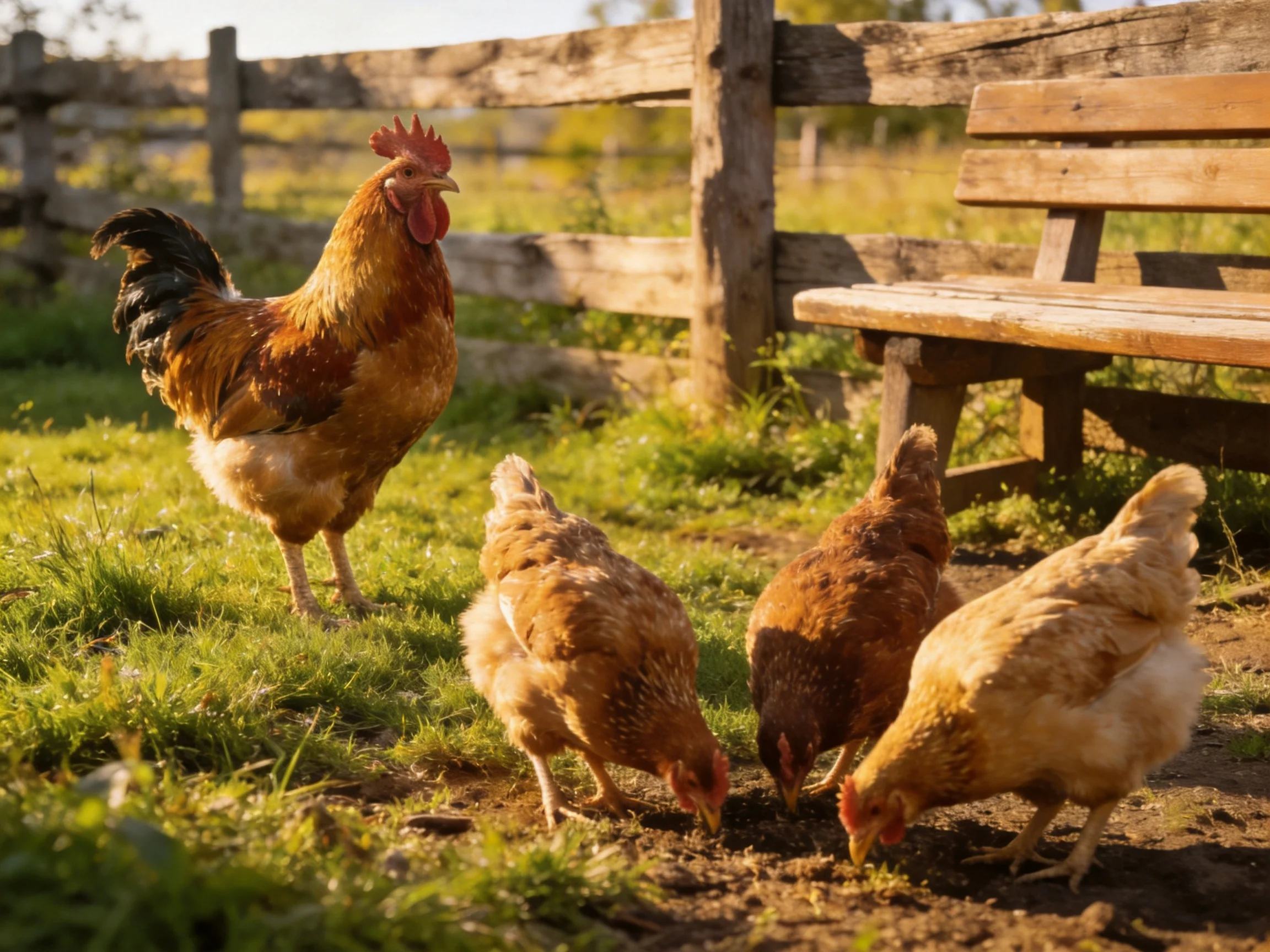 A rooster and four chickens in a sunlit farmyard near a wooden fence