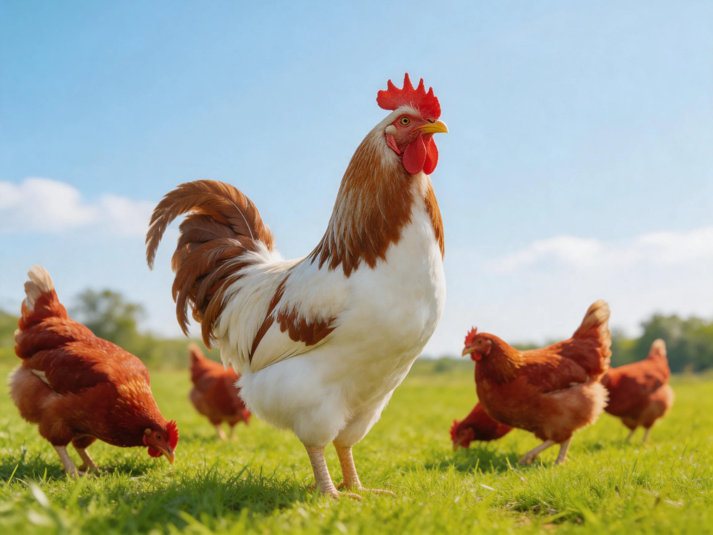 A rooster and four hens foraging in a sunny green pasture