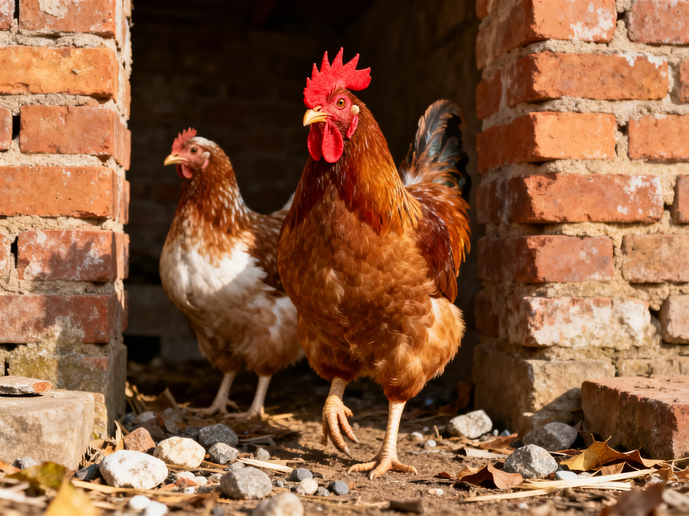 A rooster and hen exit a weathered brick structure with scattered stones