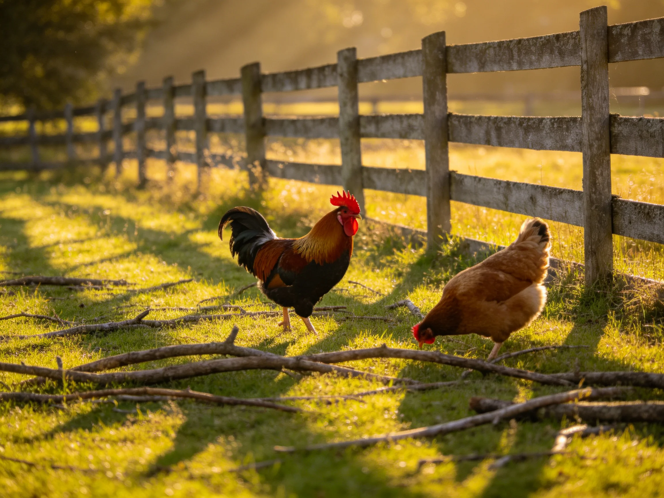 A rooster and hen forage near a weathered wooden fence in golden sunlight
