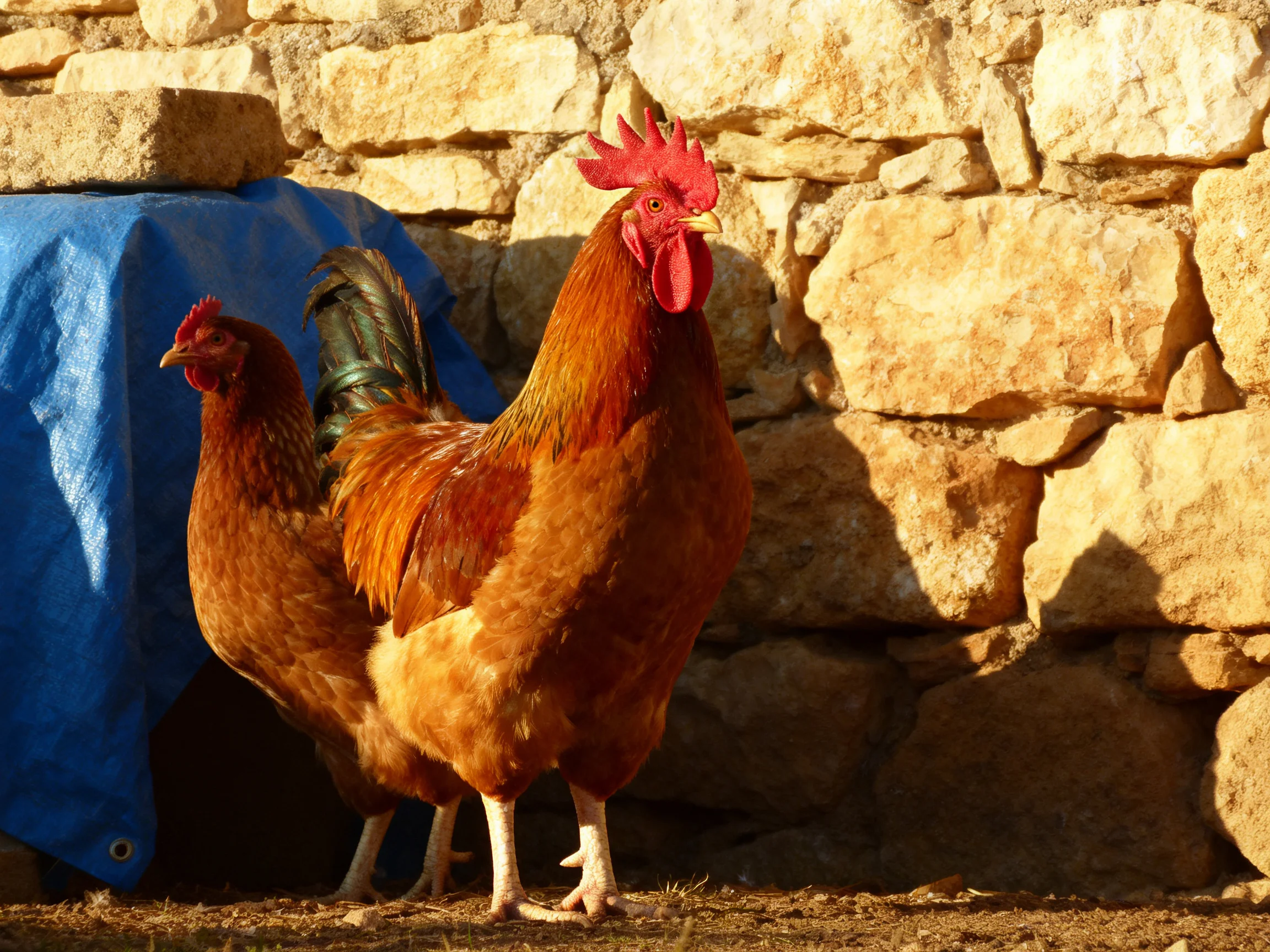A rooster and hen near a stone wall with a blue tarp