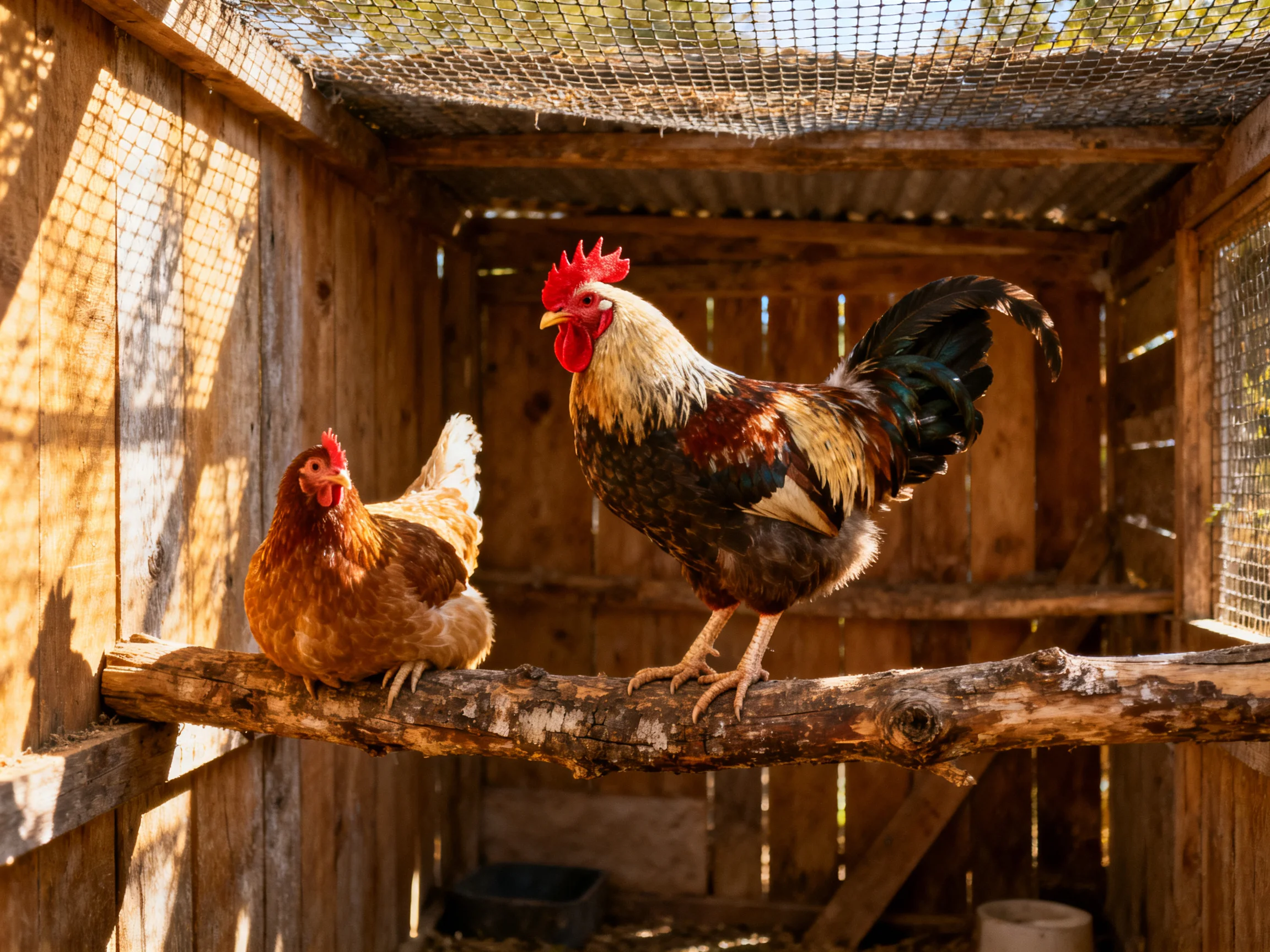 A rooster and hen perch on a branch in a rustic wooden chicken coop