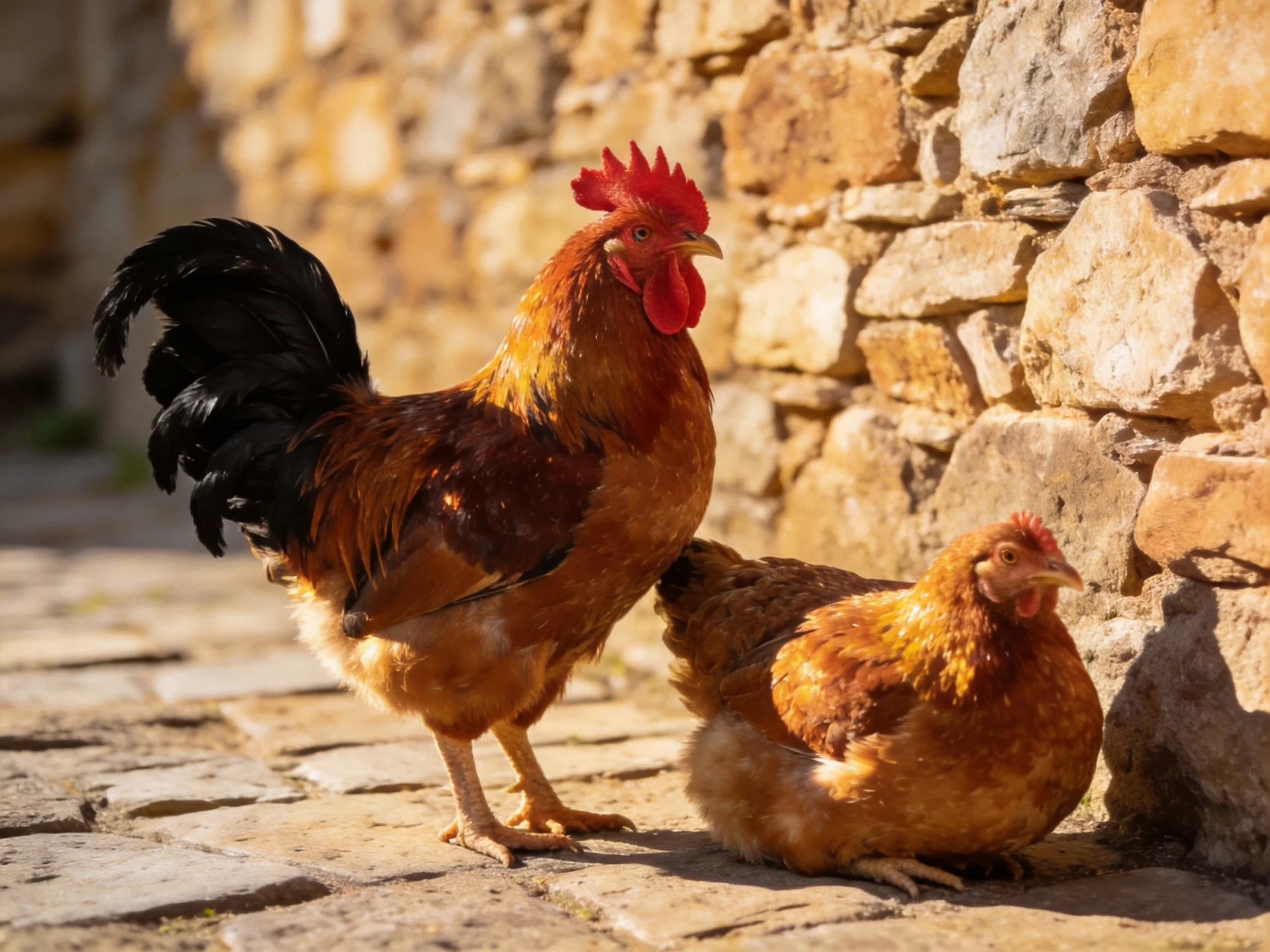 A rooster and hen rest against an aged stone wall on cobblestones