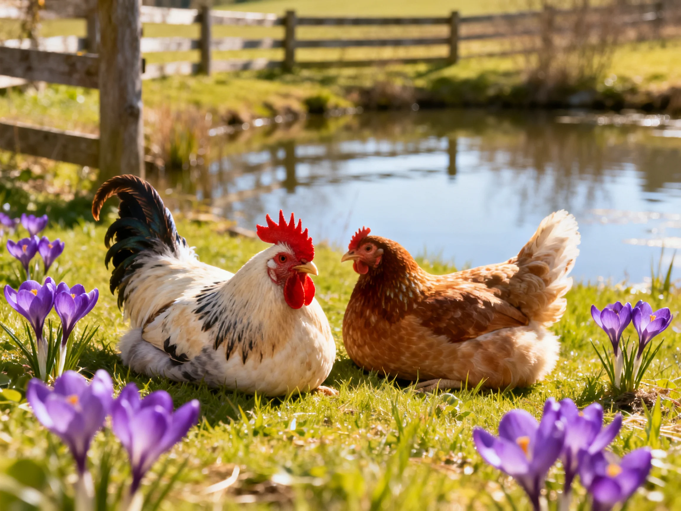 A rooster and hen rest among purple crocuses near a tranquil pond