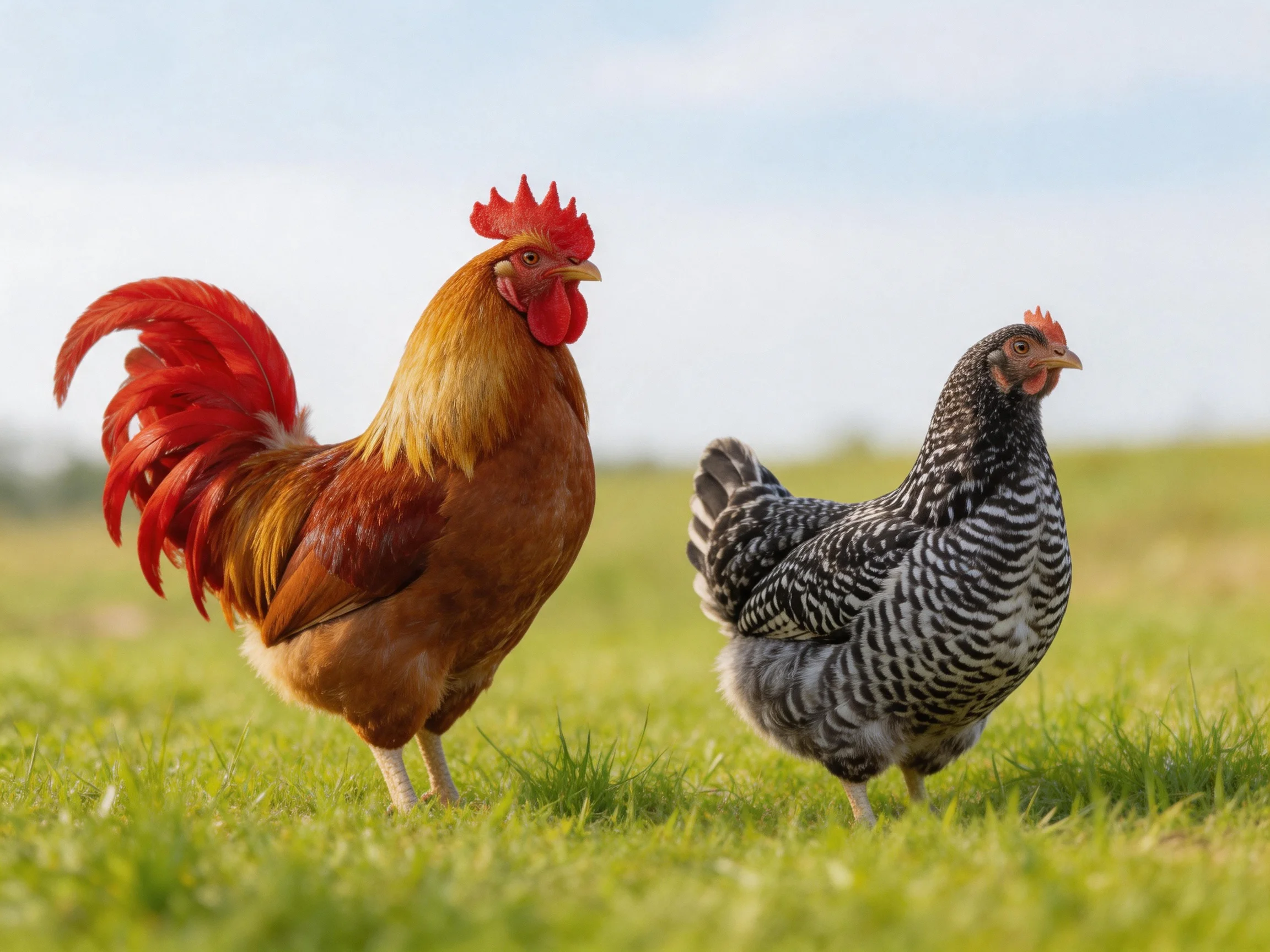 A rooster and hen with distinct feather patterns are on green grass.