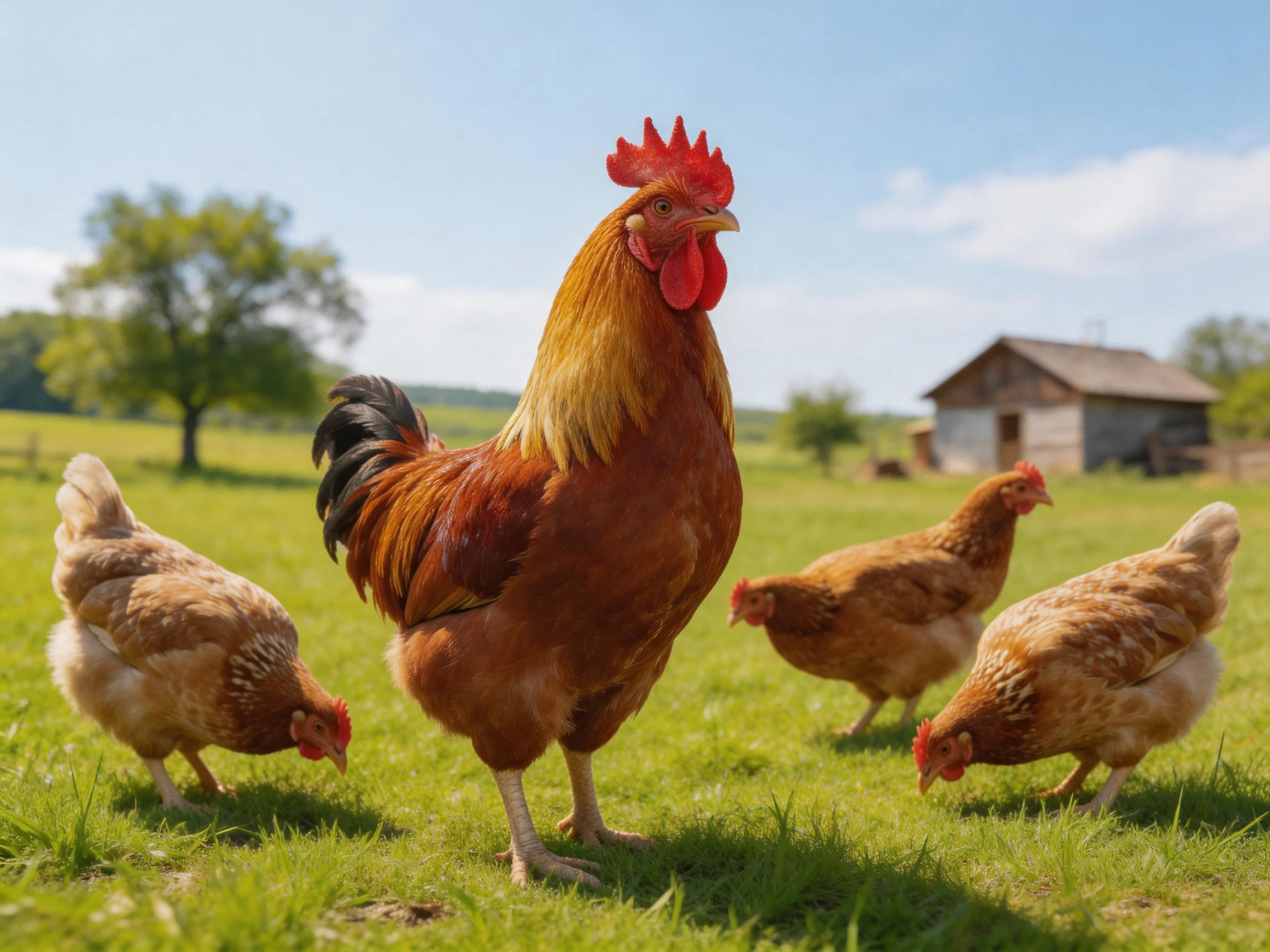 A rooster and hens foraging in a sunny green pasture