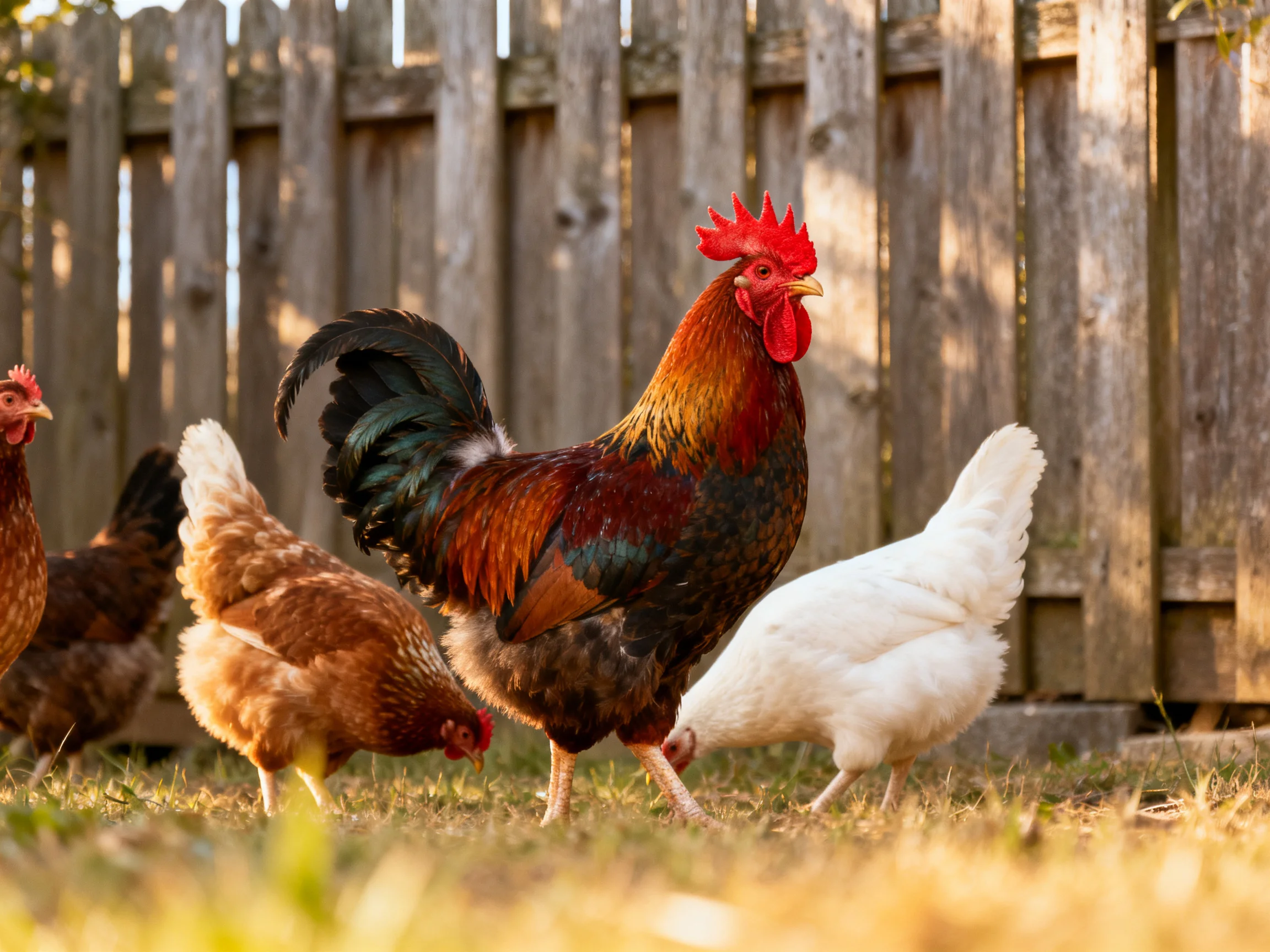 A rooster and three hens foraging near a wooden fence