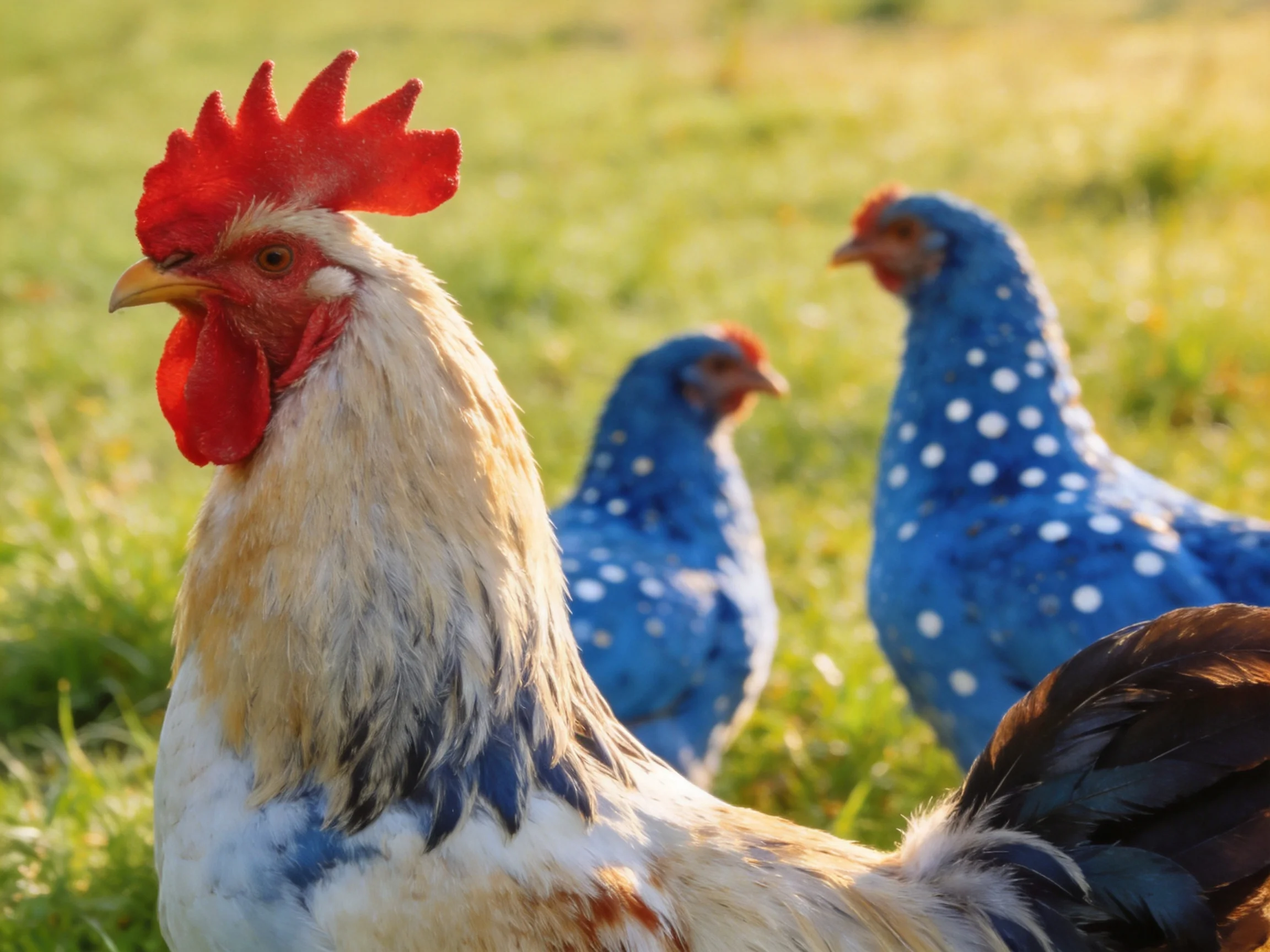 A rooster stands near two blue-spotted hens in a sunlit grassy area.
