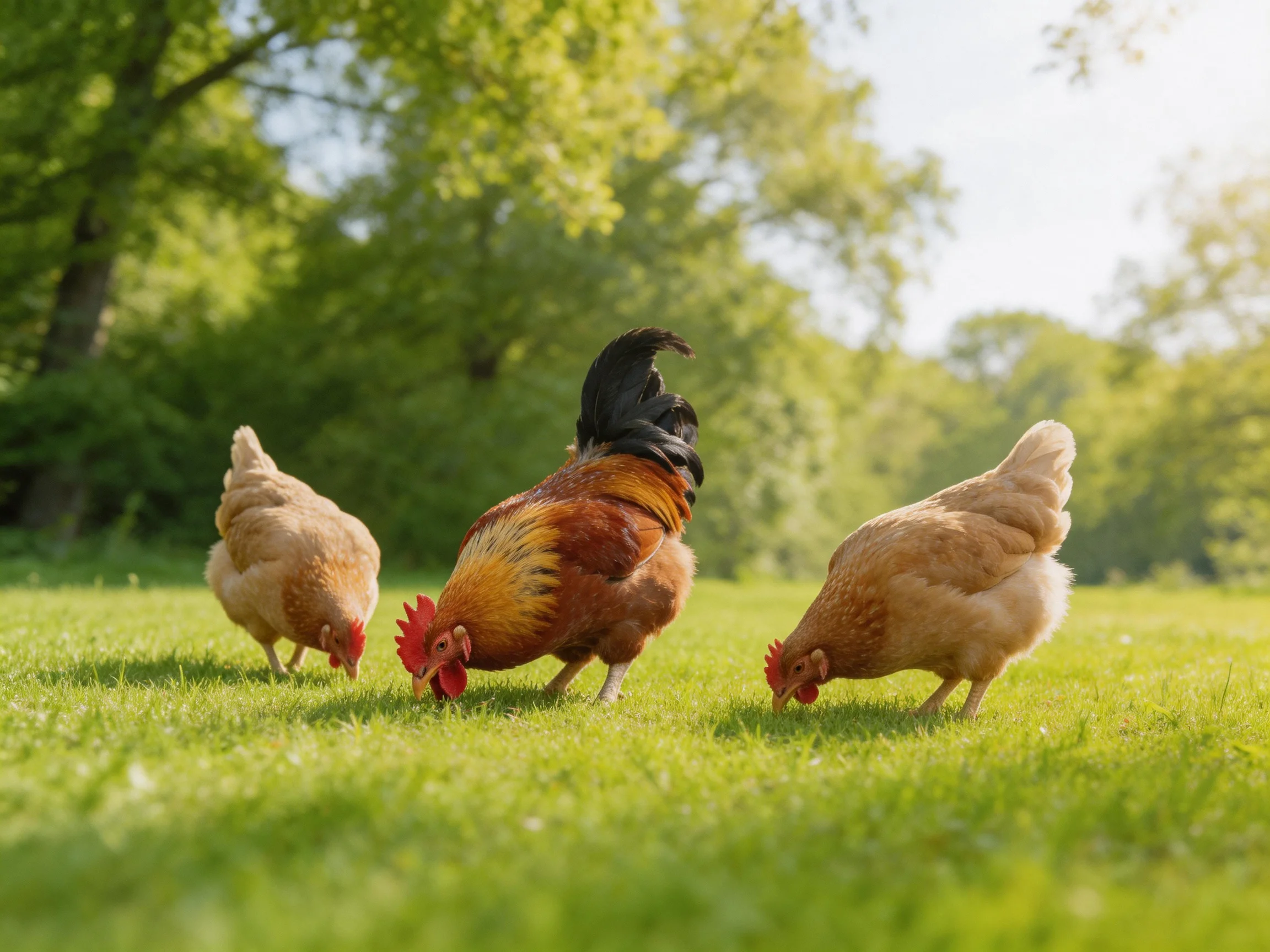 A rooster and two hens forage in a lush green meadow