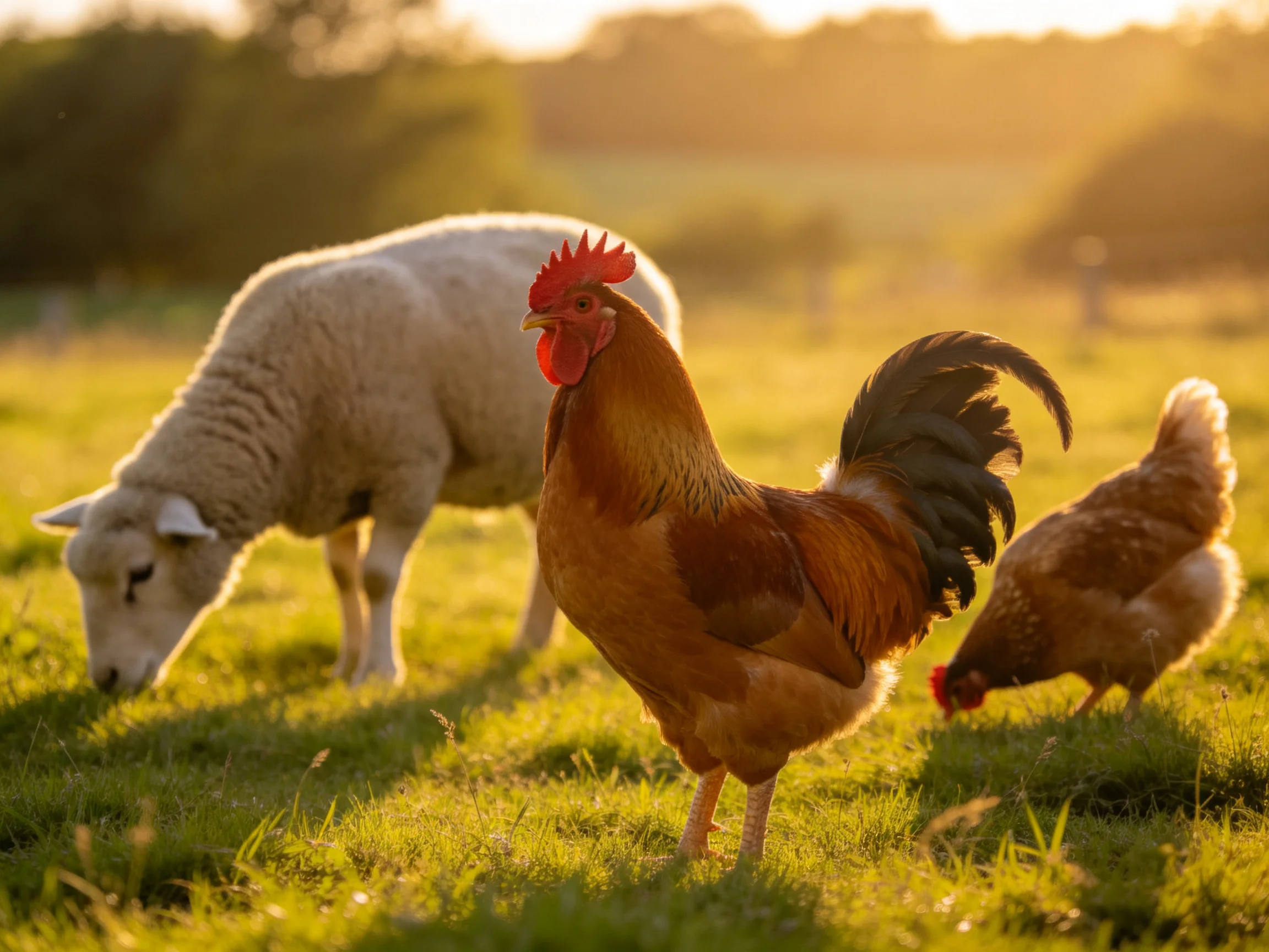 A rooster, chicken, and sheep graze in a sunlit green pasture