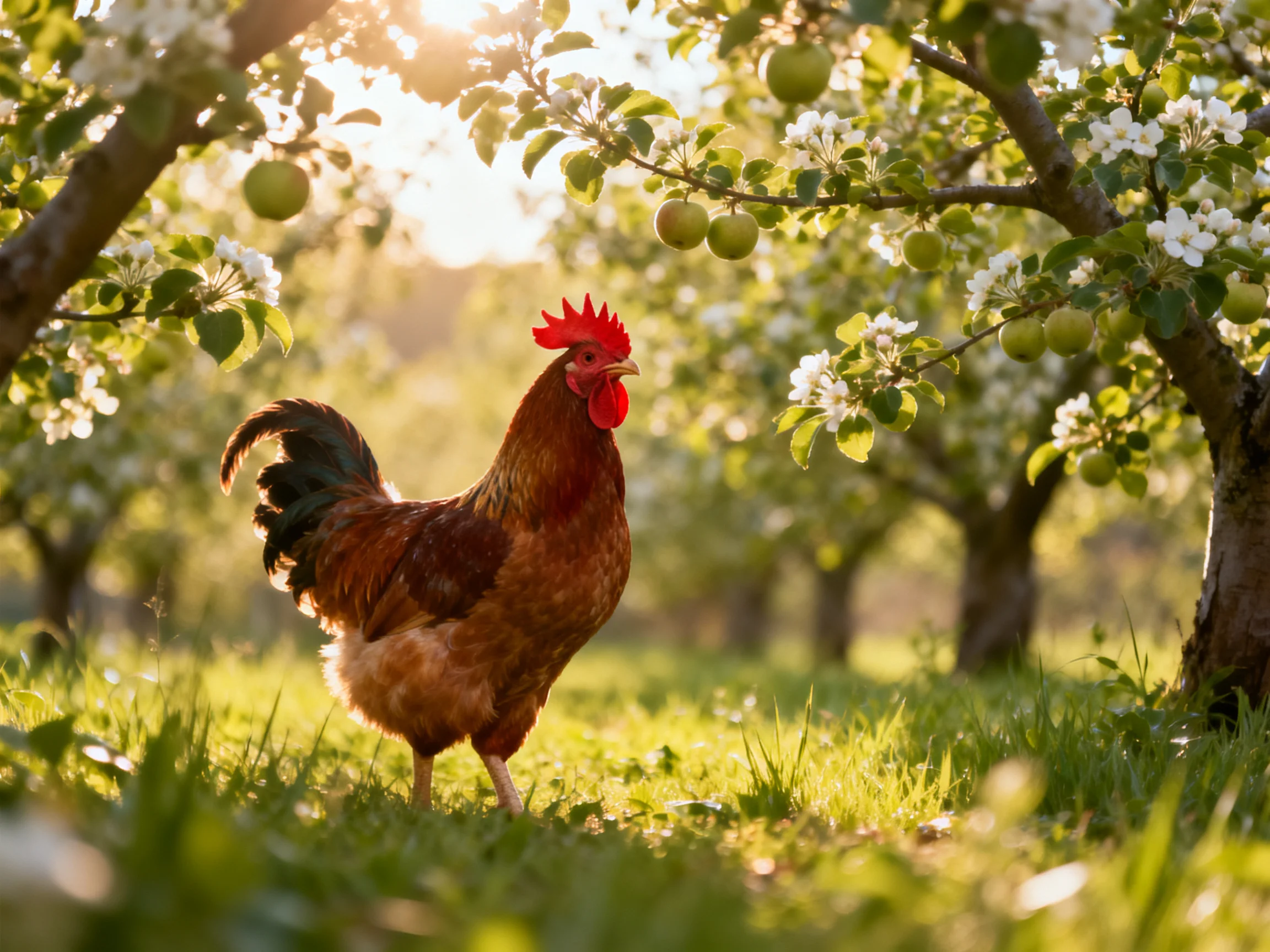 A rooster in a sunlit orchard with blooming apple trees